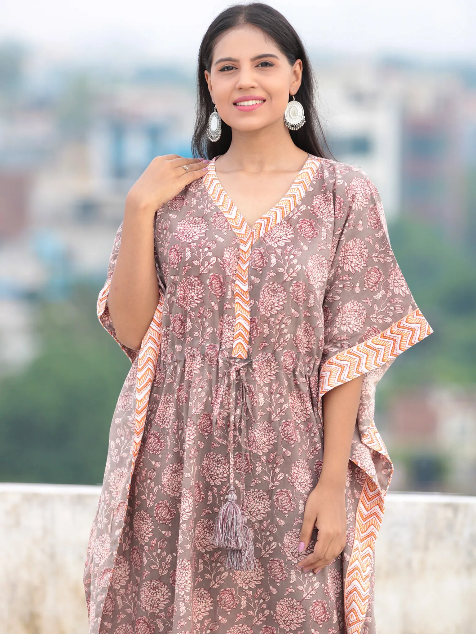 Grey Offwhite Maroon Hand Block Printed Kaftan - K002F2244