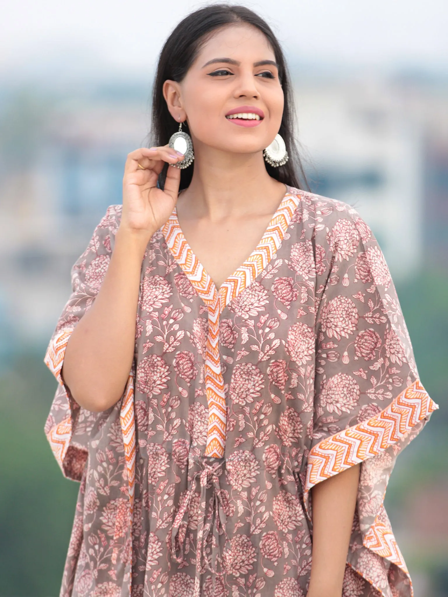 Grey Offwhite Maroon Hand Block Printed Kaftan - K002F2244