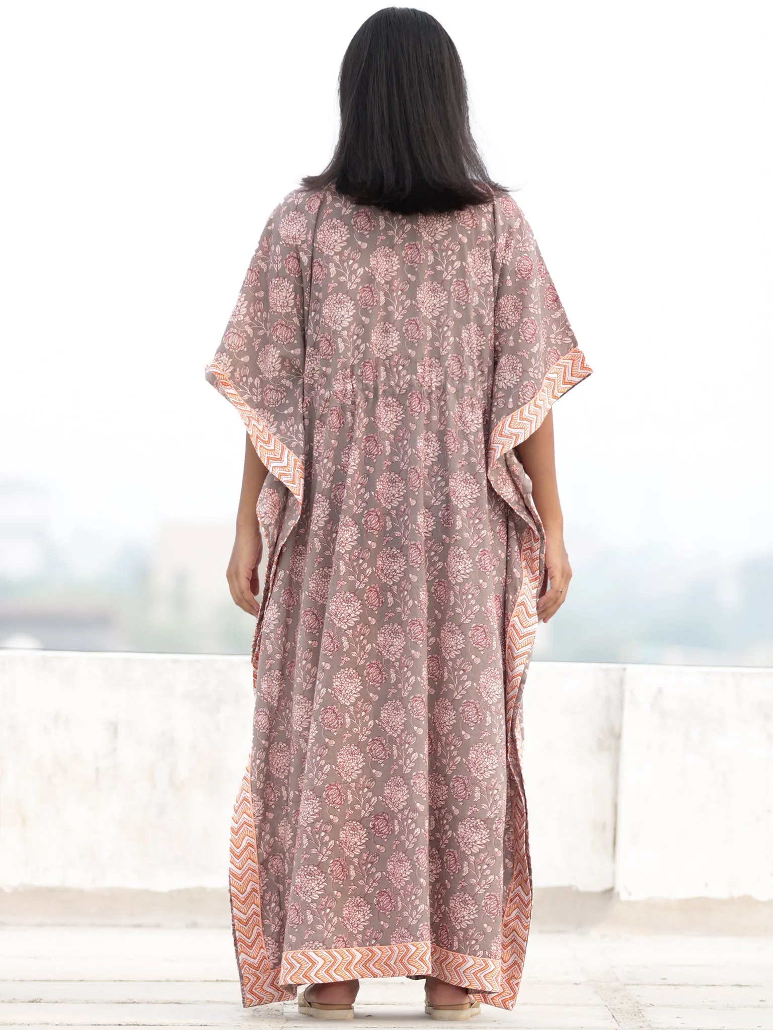 Grey Offwhite Maroon Hand Block Printed Kaftan - K002F2244
