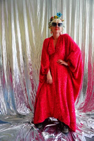 Hot Pink Velvet with sparkly sequins V-neck Kaftan Maxi