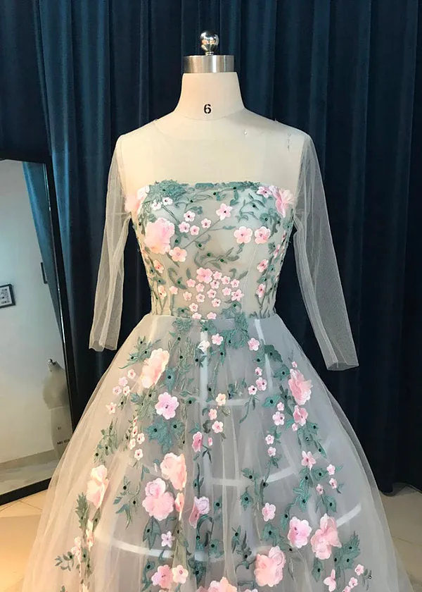 Hot selling A-line round neck Appliques Tail evening dresses, Ivory tulle long prom dresses, PD0518