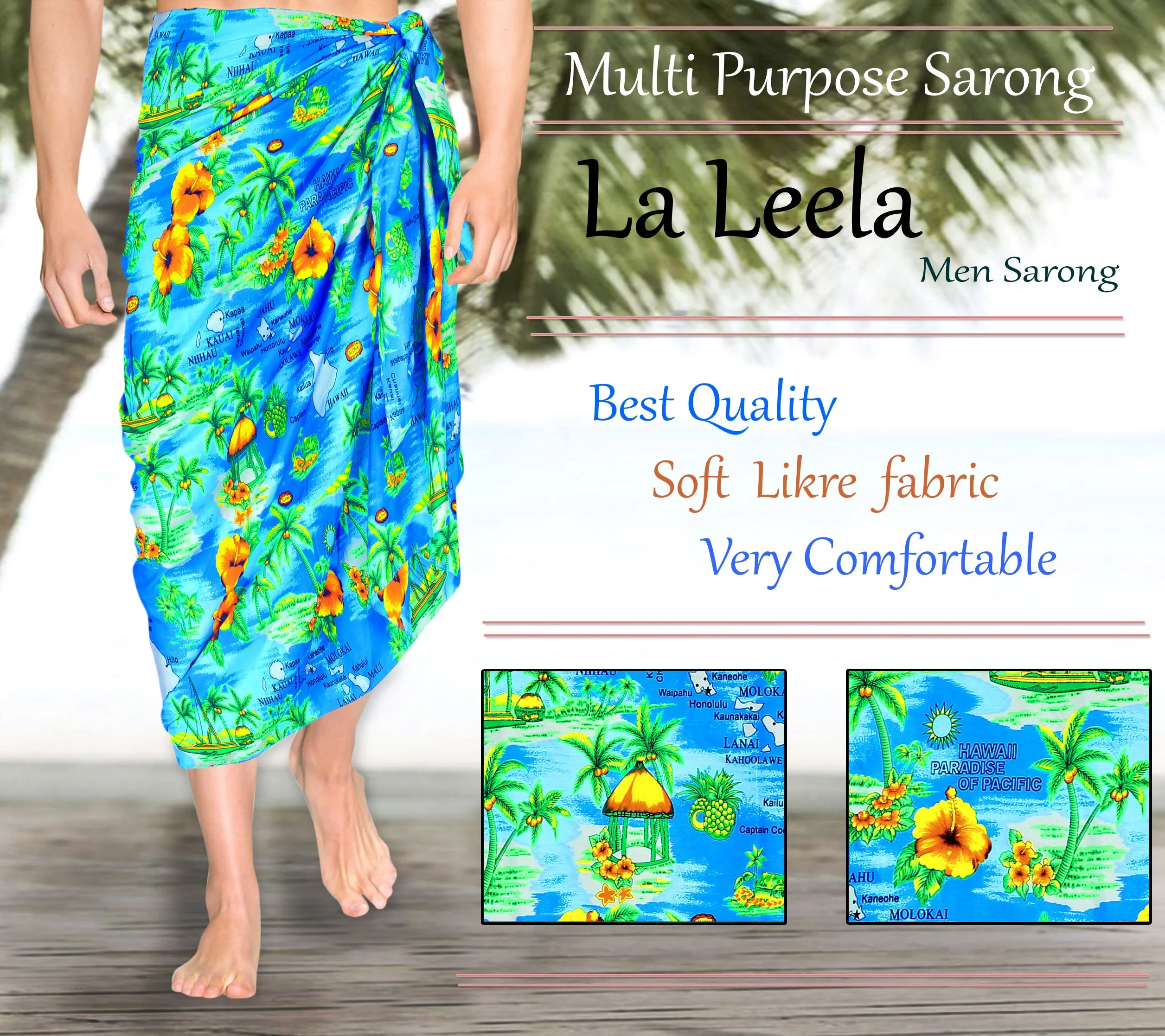 LA LEELA Soft Light Printed Swimwear Wrap Party Male 72"X42" Turquoise Blue 6273 123289
