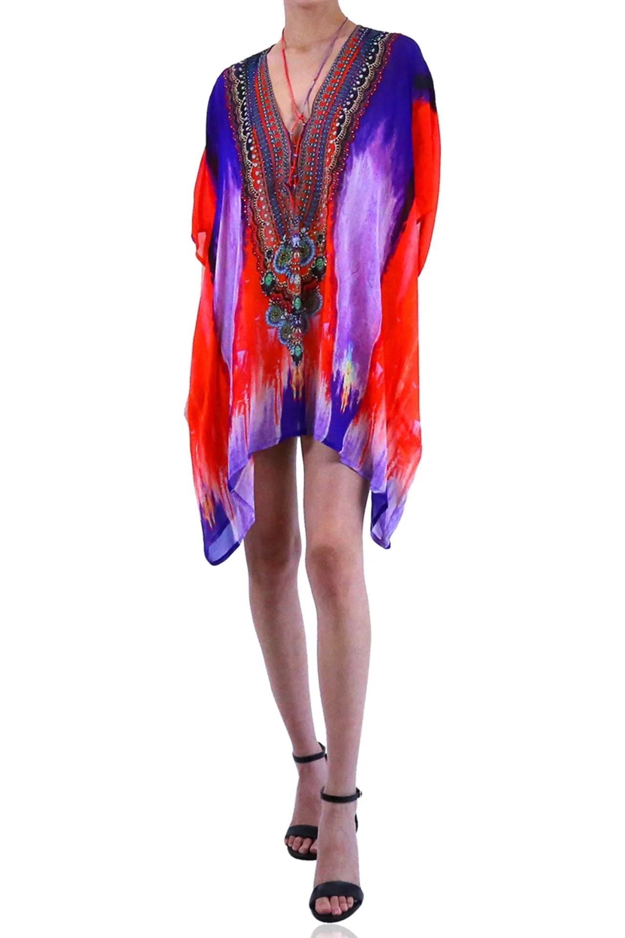 lace-up kaftan Short caftan dress silk