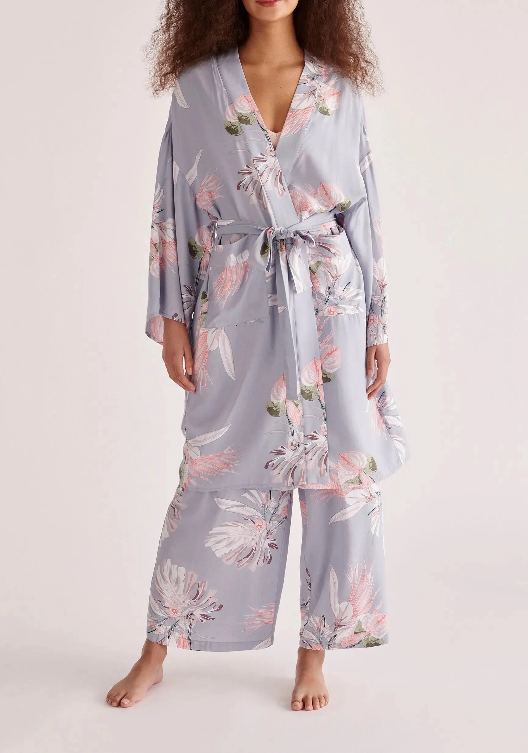 Light Blue, Pink and White Floral Kimono Robe