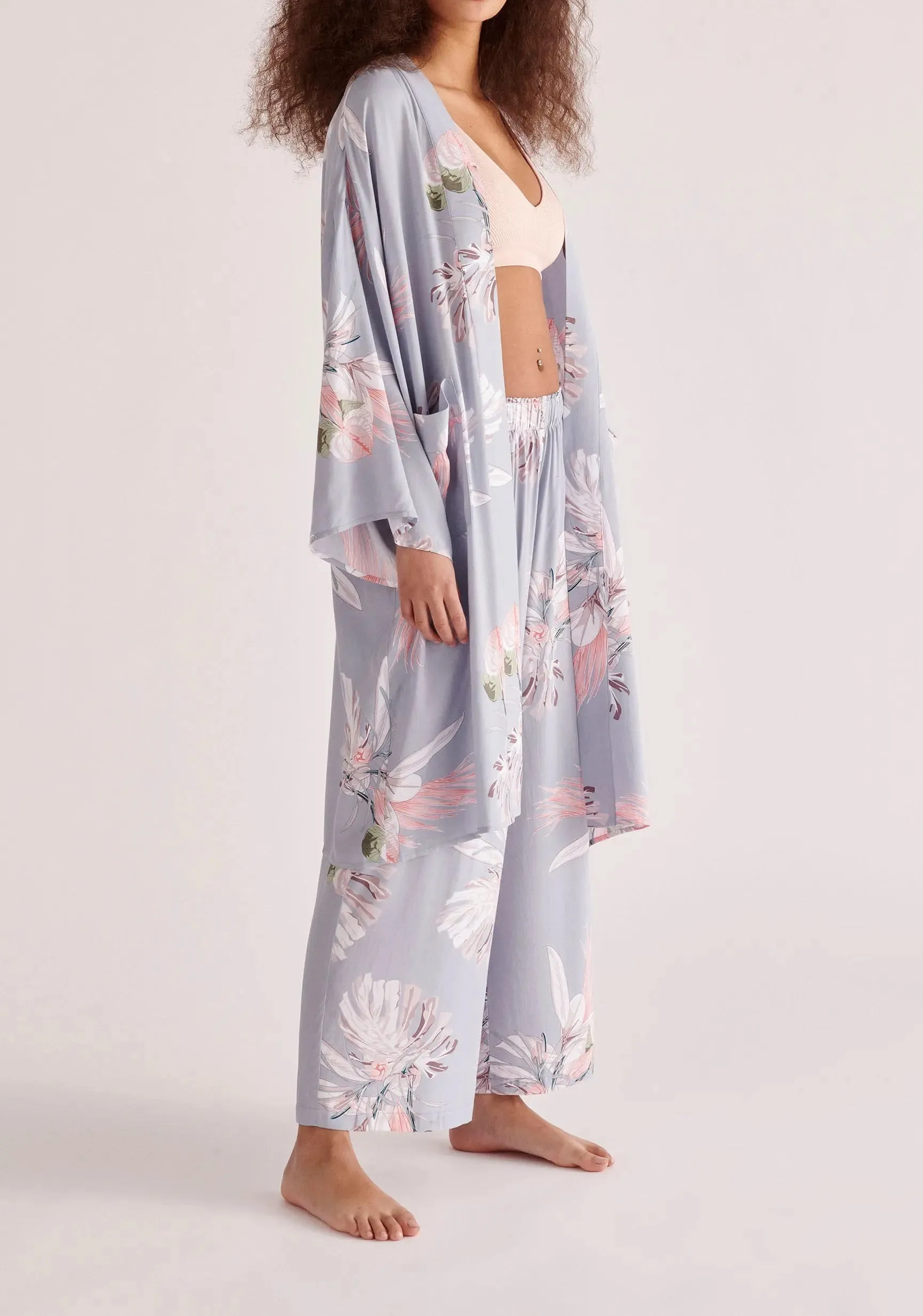 Light Blue, Pink and White Floral Kimono Robe