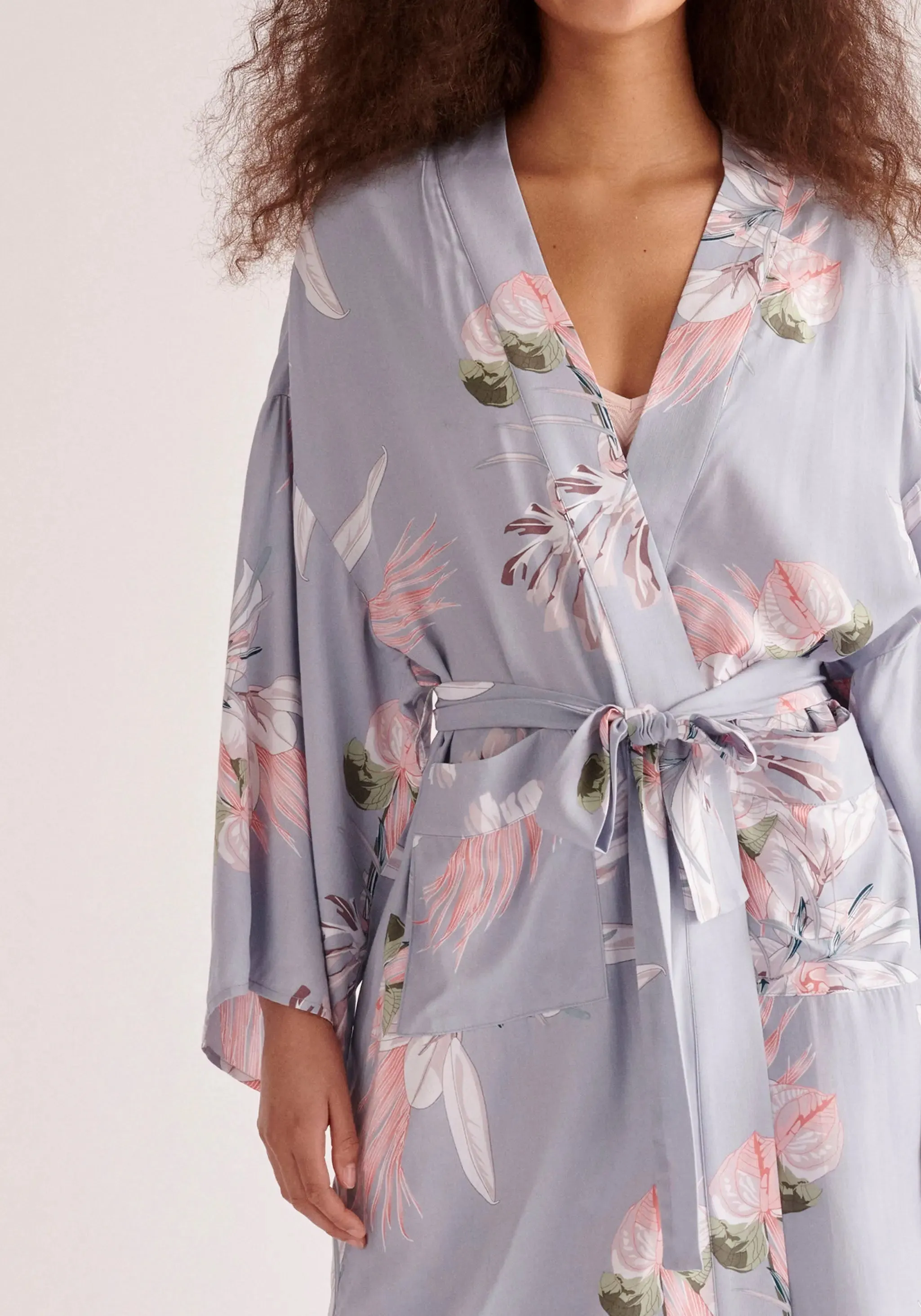 Light Blue, Pink and White Floral Kimono Robe
