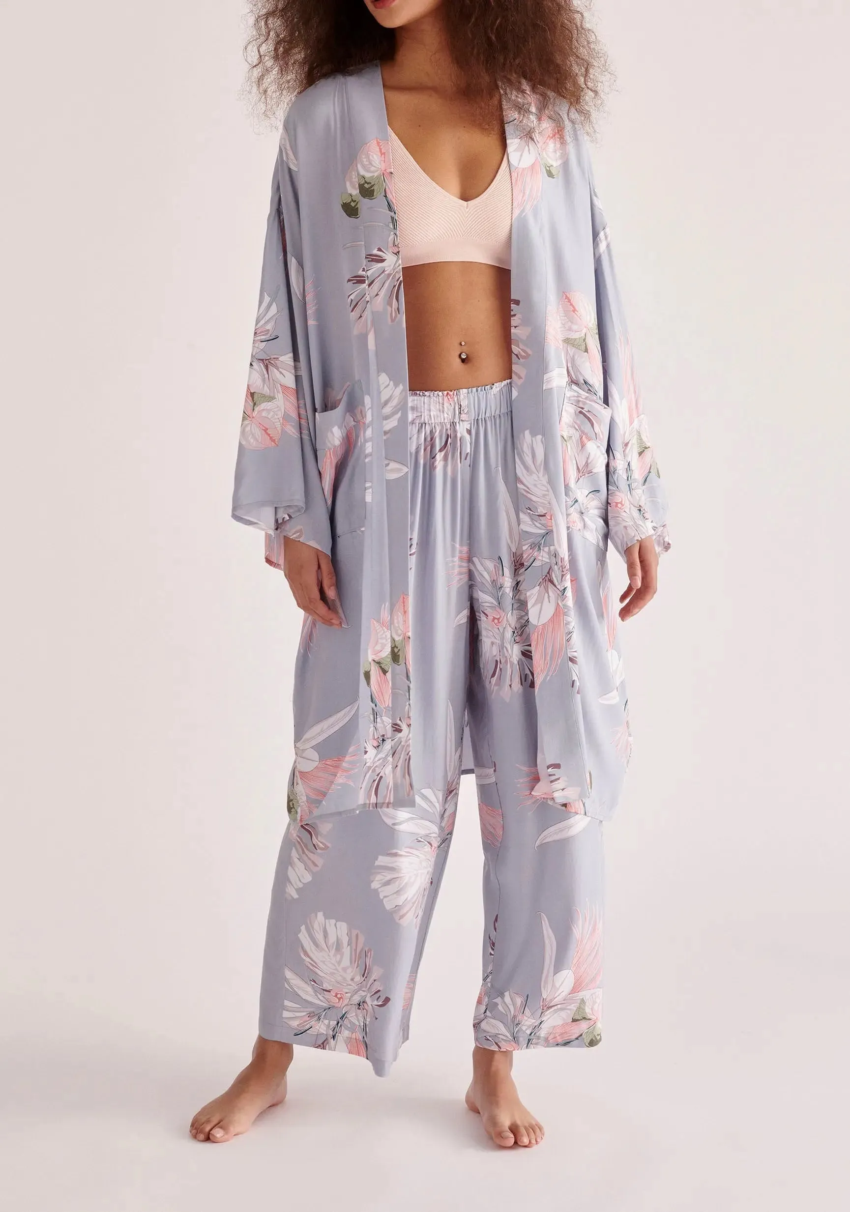 Light Blue, Pink and White Floral Kimono Robe