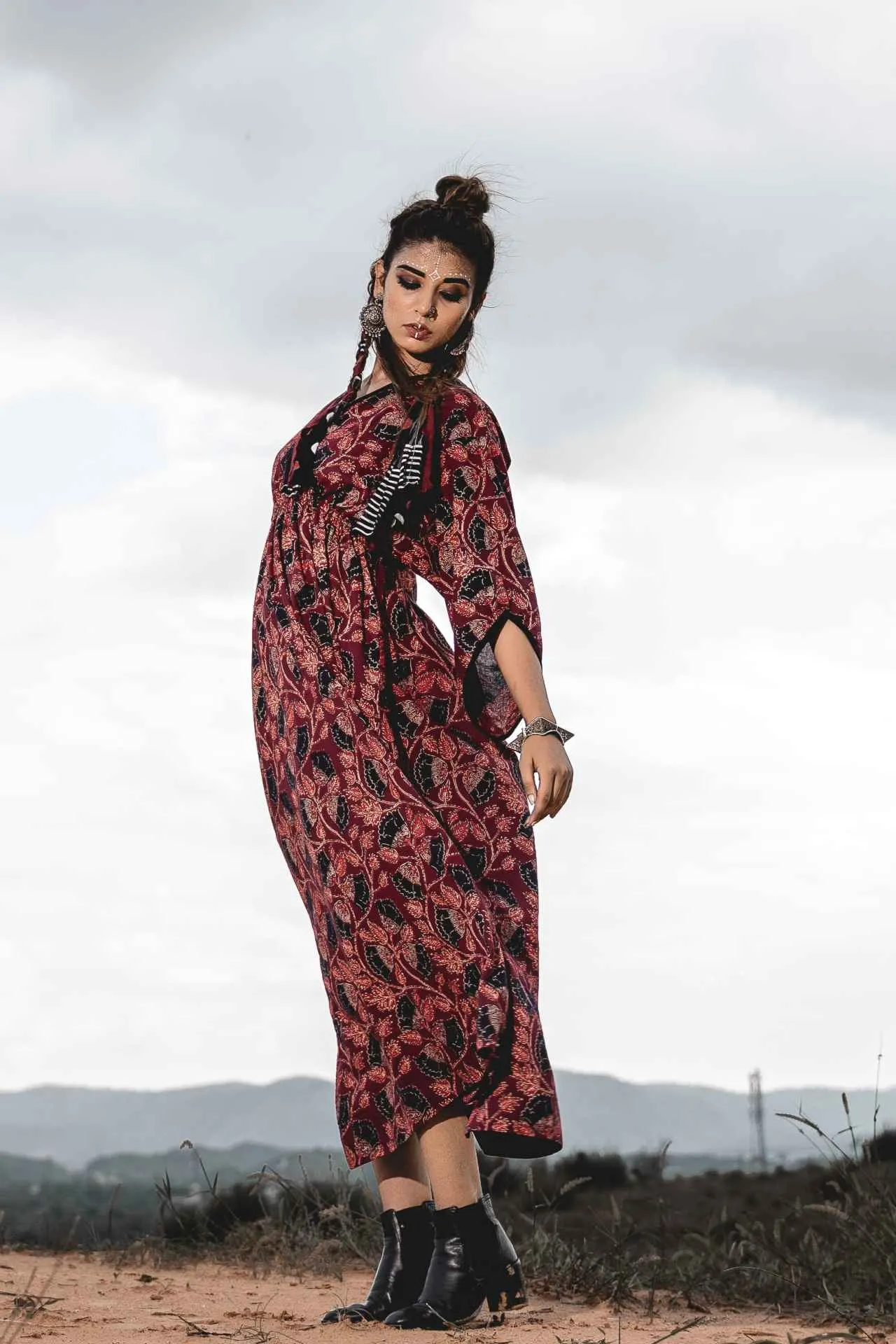 Long Block Print Kaftan Dress