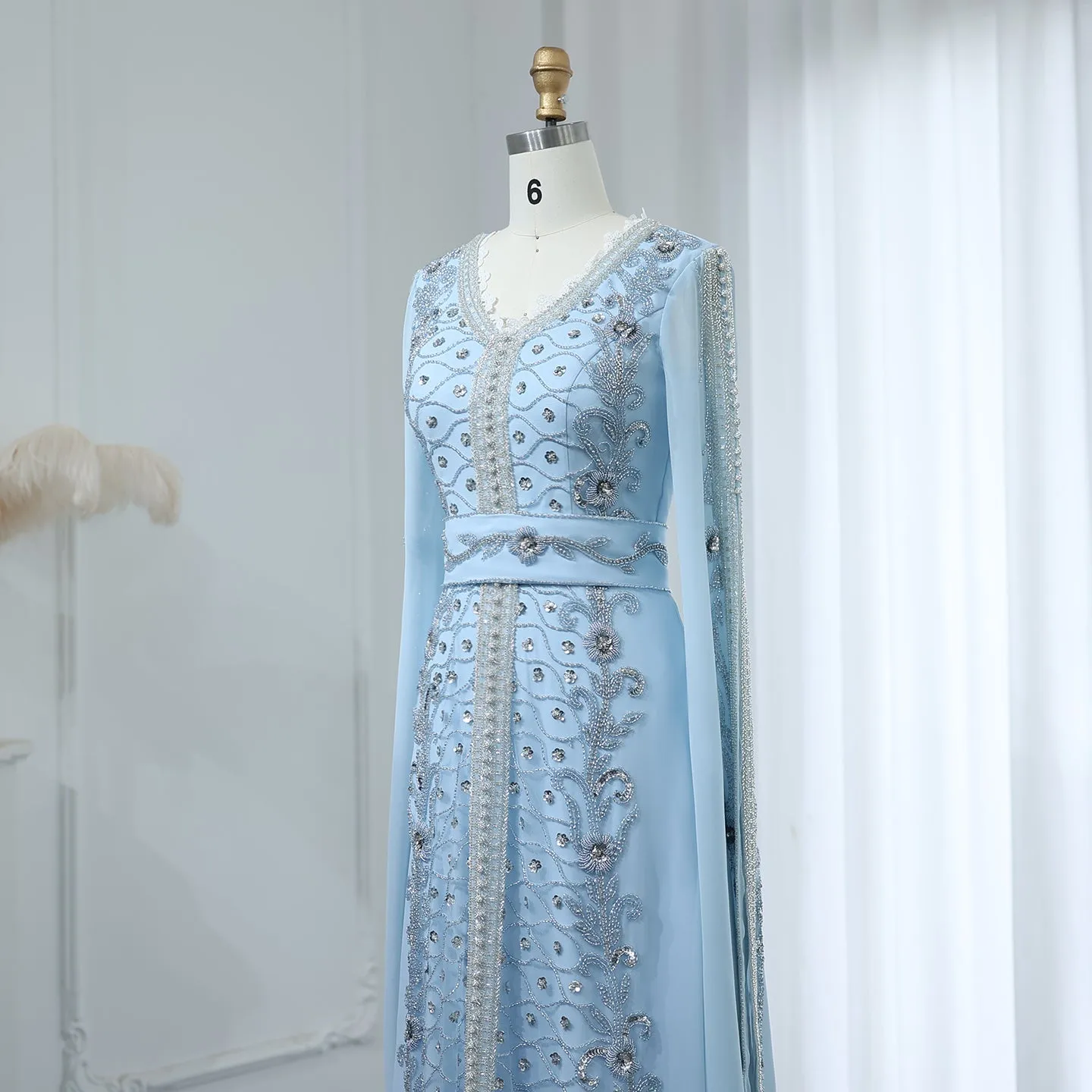 Luxury Moroccan Kaftan Blue Long Sleeve Evening Dress SS404