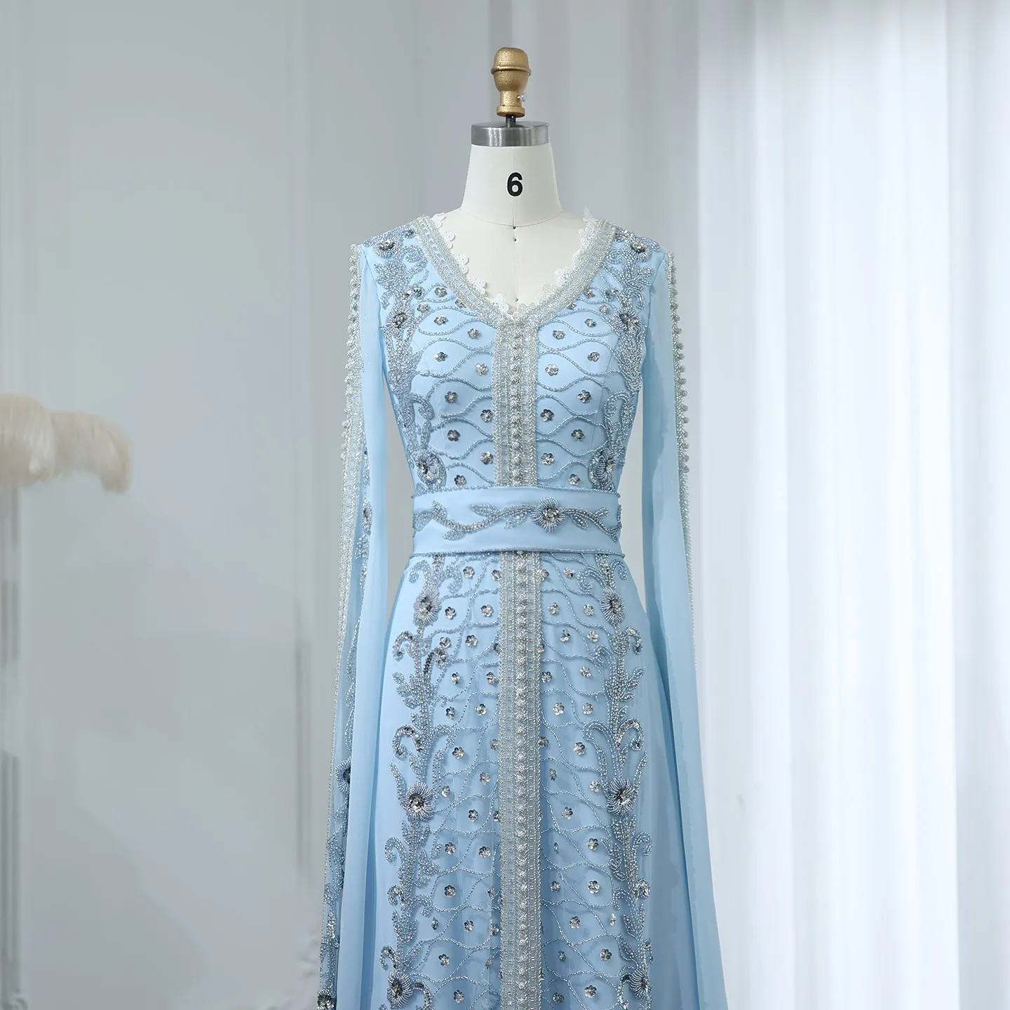 Luxury Moroccan Kaftan Blue Long Sleeve Evening Dress SS404