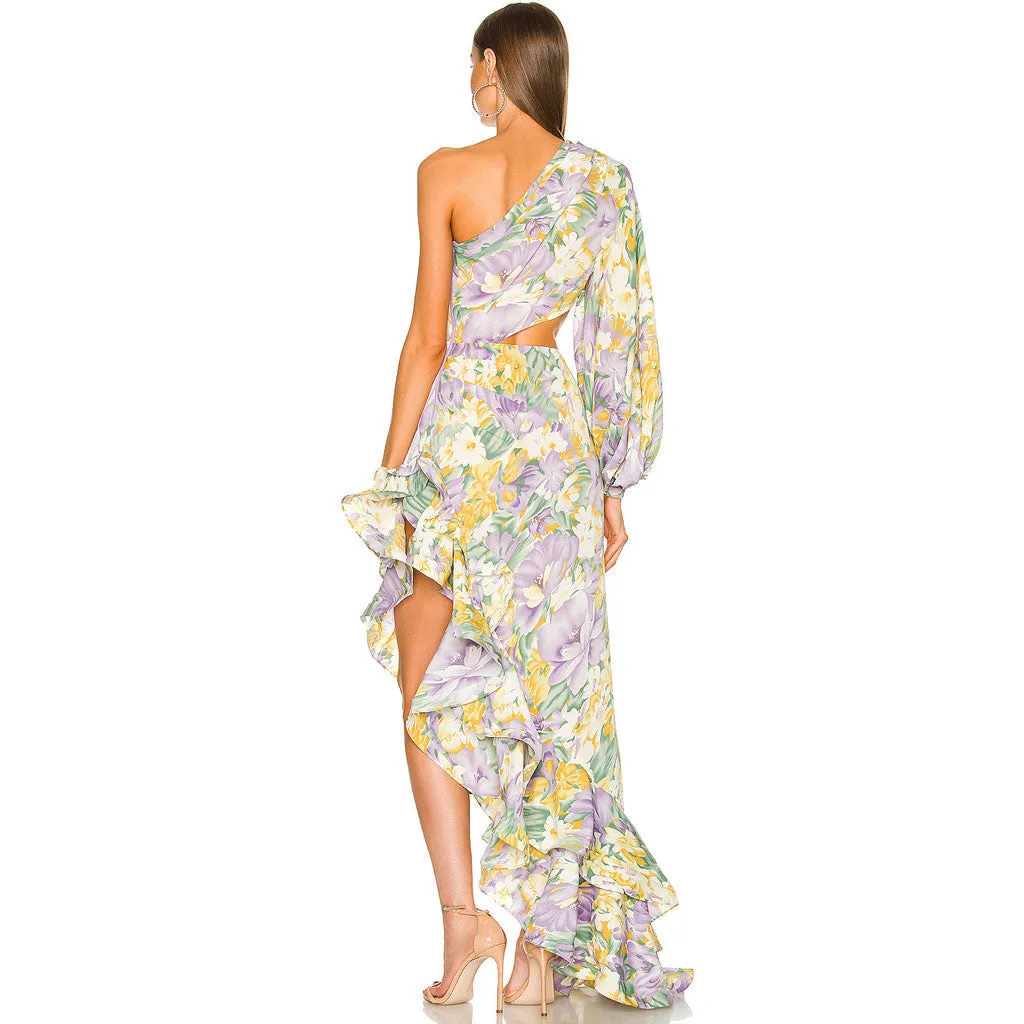 Luxury One Shoulder CutOut Satin Ruffle Floral Evening Dress - Purple