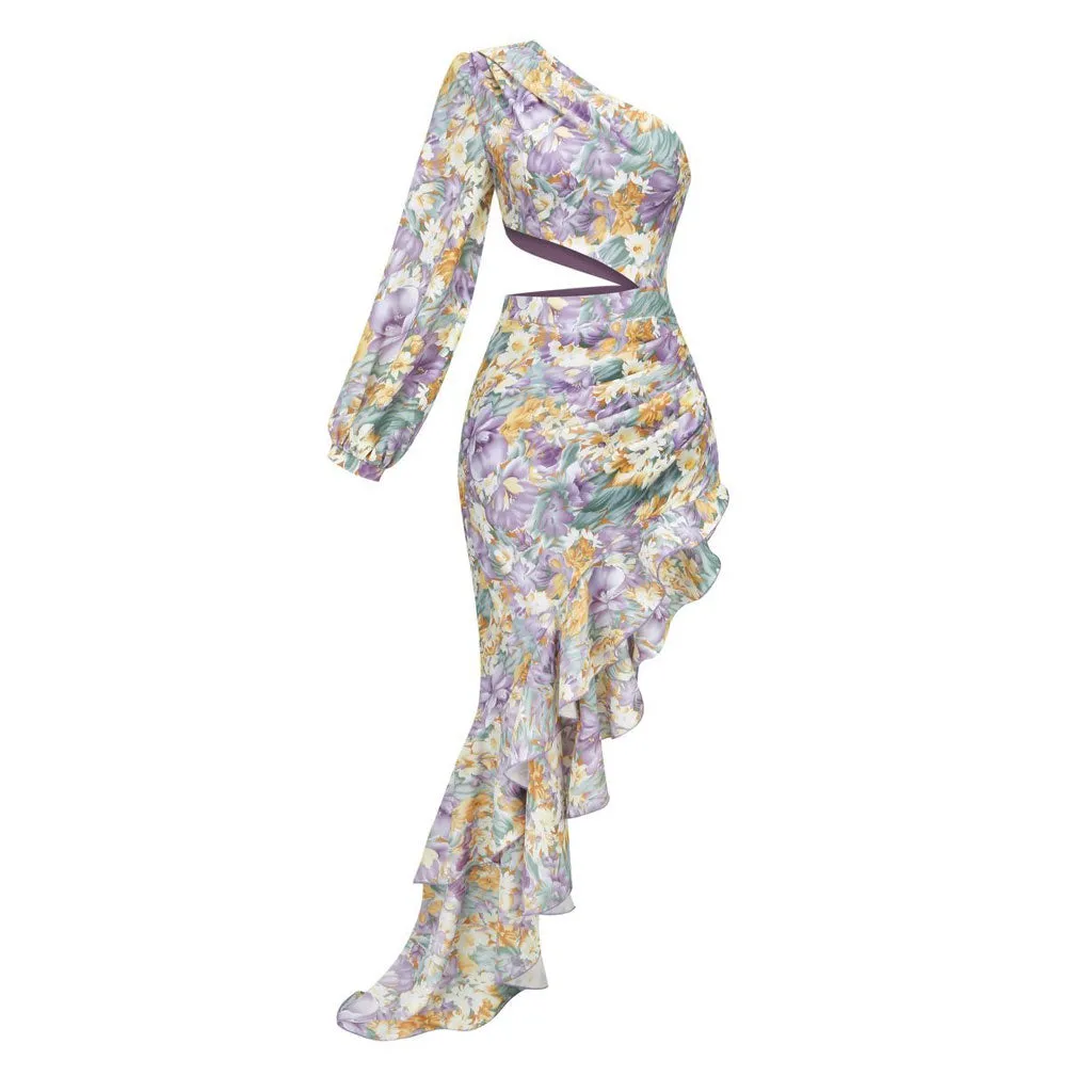 Luxury One Shoulder CutOut Satin Ruffle Floral Evening Dress - Purple