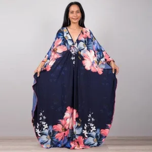 Melody Navy Blue & Pink Floral Kaftan Dress