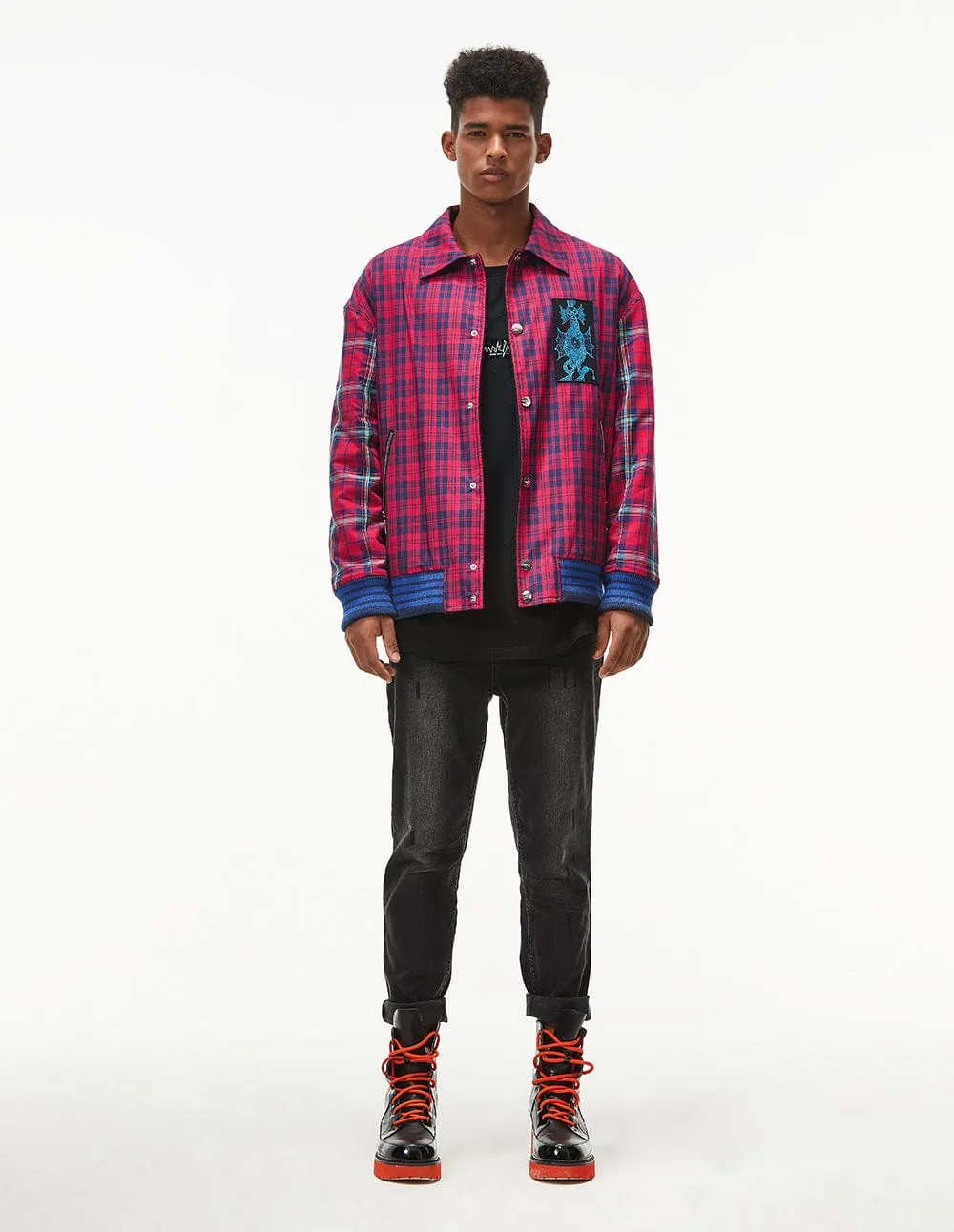 Men Embroidered Plaid Woven Casual Jacket