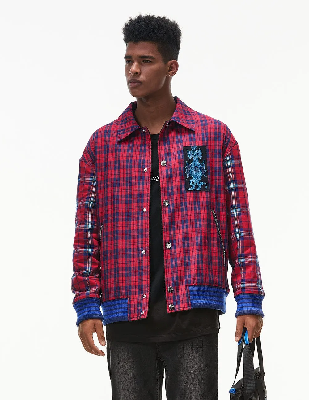 Men Embroidered Plaid Woven Casual Jacket
