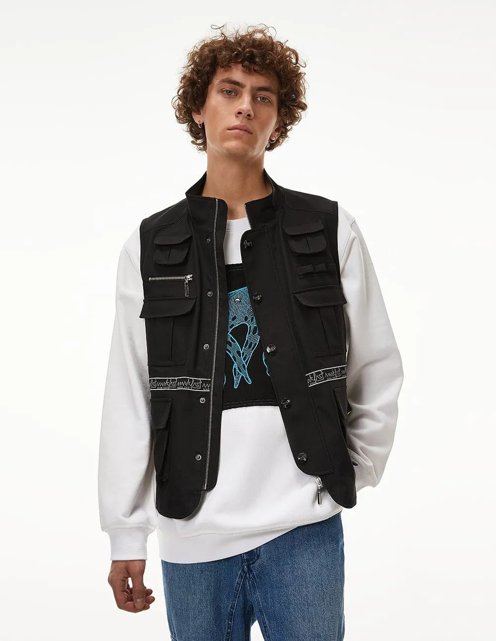 Men Oversized Black Multi-Pockets Fishing Vest Jacket