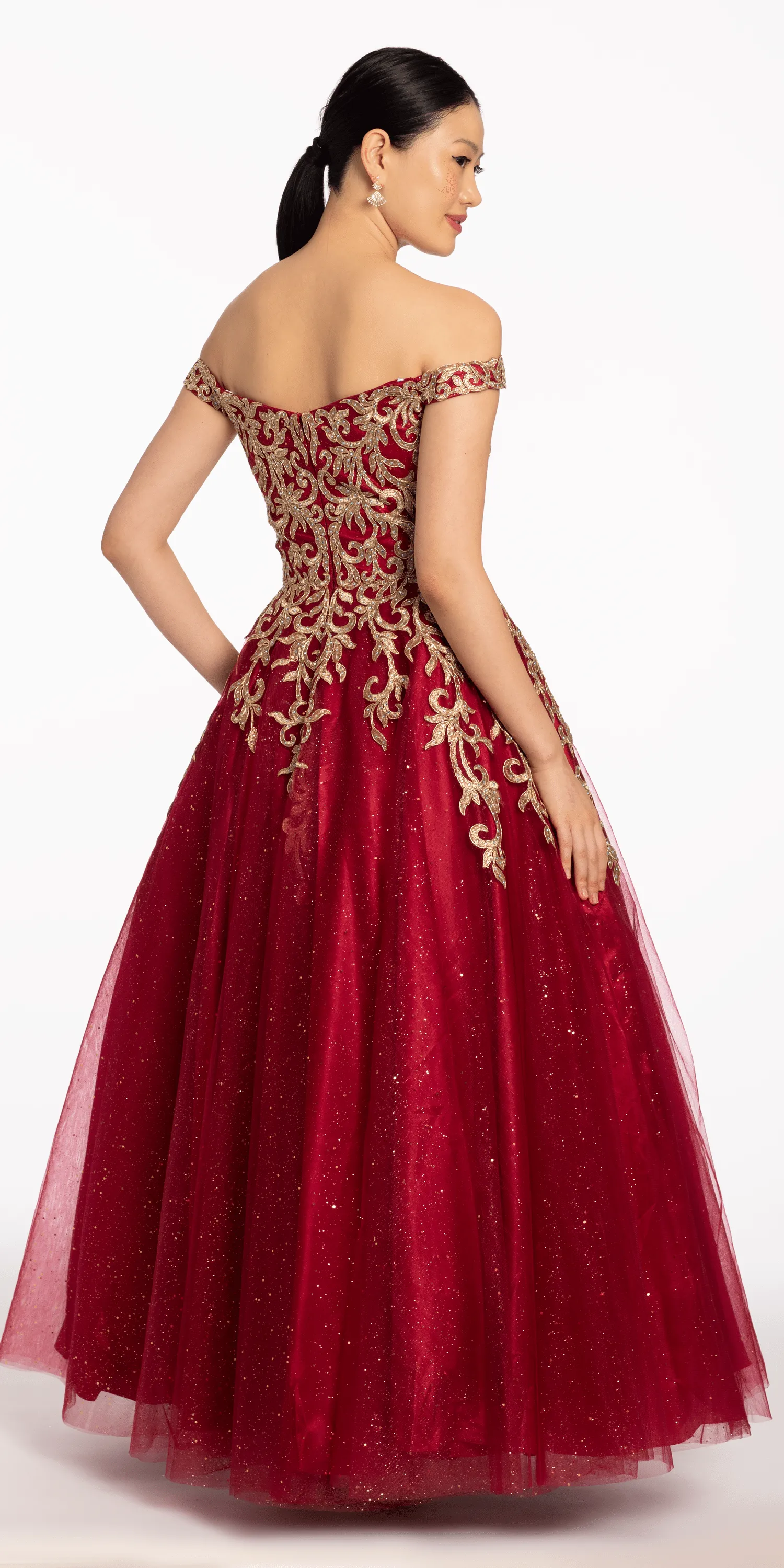 Off The Shoulder Metallic Applique Glitter Ballgown