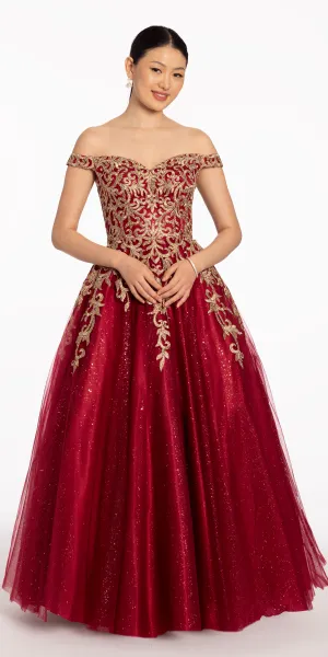 Off The Shoulder Metallic Applique Glitter Ballgown