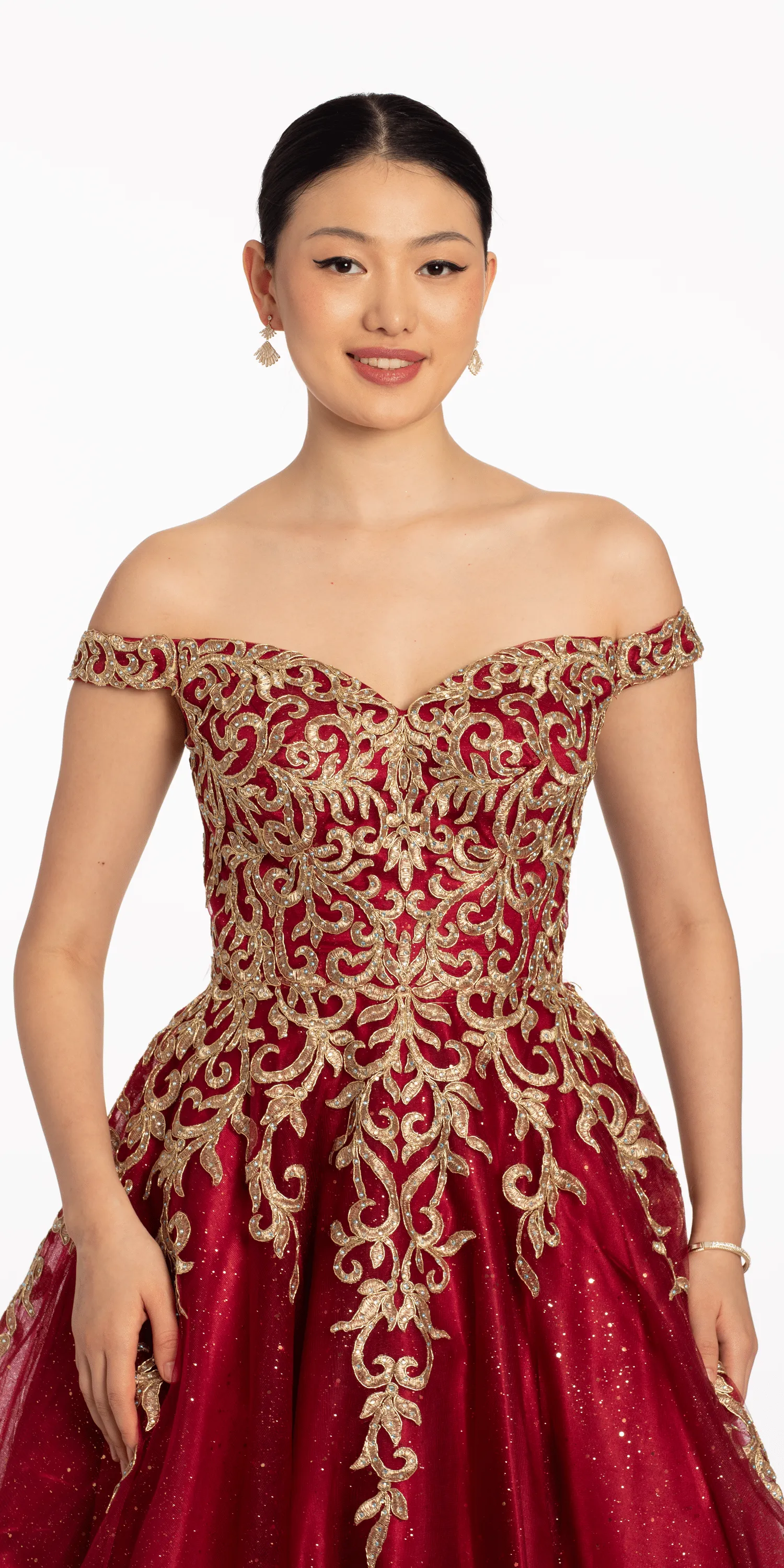 Off The Shoulder Metallic Applique Glitter Ballgown