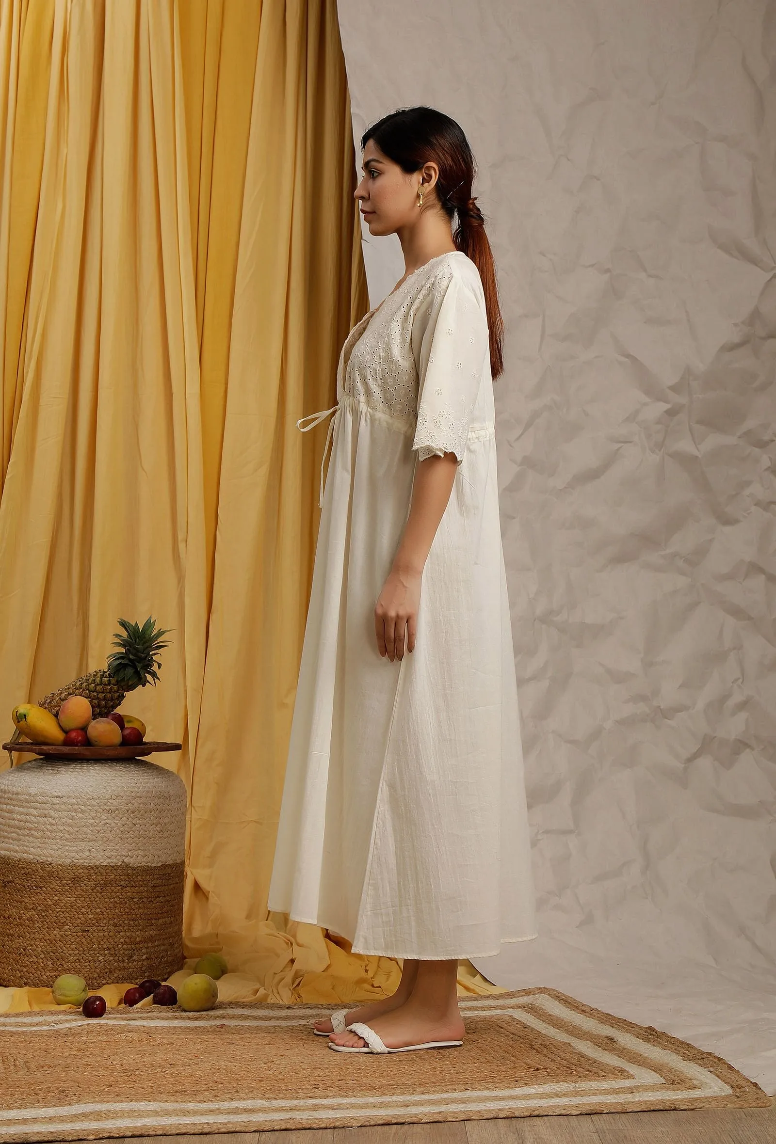 Off White Cotton Schiffli Front Tie Kaftan Dress