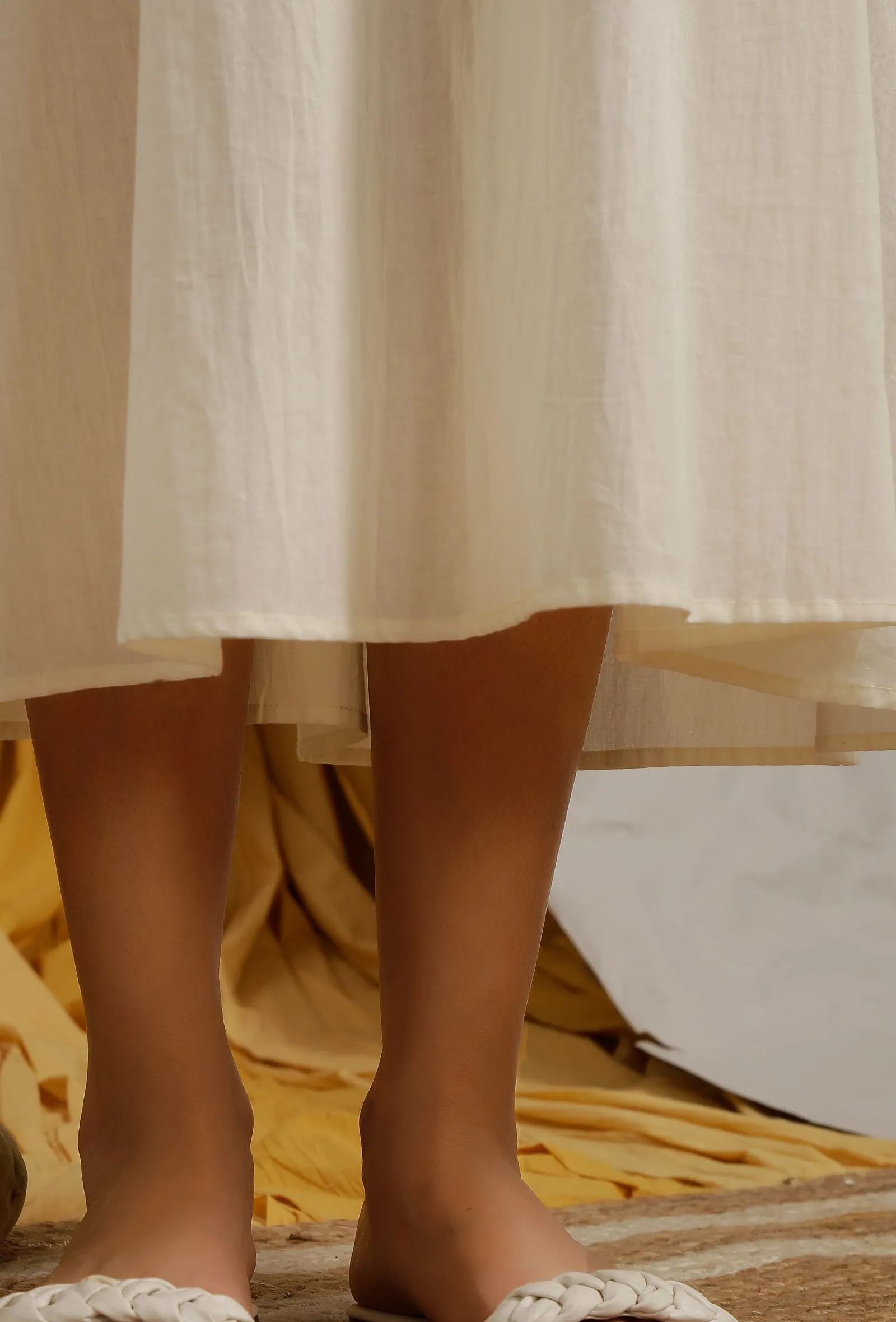 Off White Cotton Schiffli Front Tie Kaftan Dress