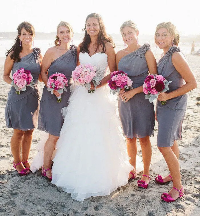 One Shoulder Short Bridesmaid Dresses with Flowers