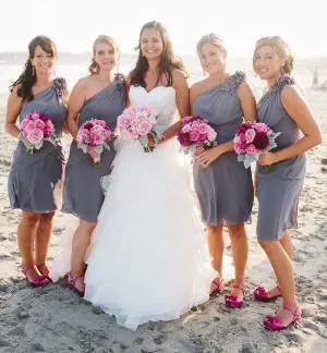 One Shoulder Short Bridesmaid Dresses with Flowers