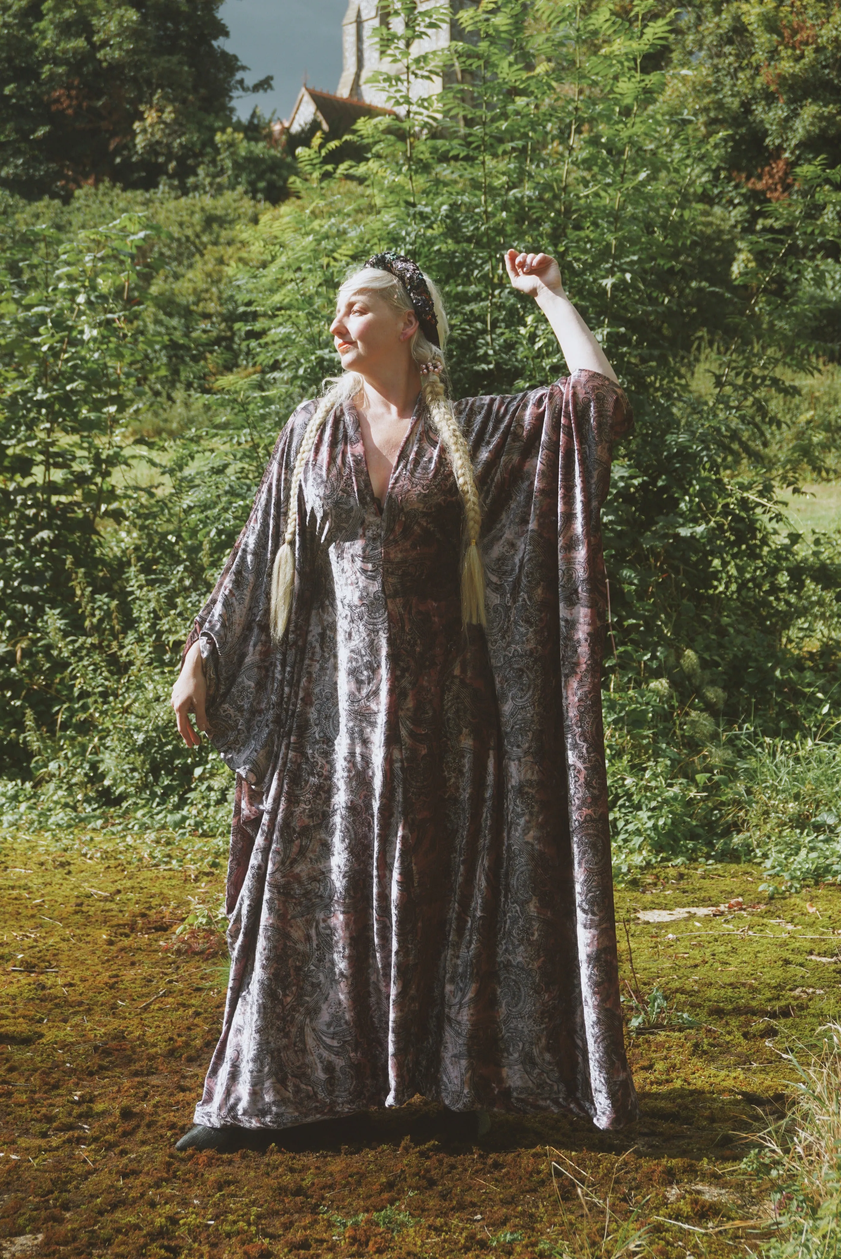Opulent Velvet paisley Print Dusky Pink and Charcoal Grey Velvet kaftan Gown