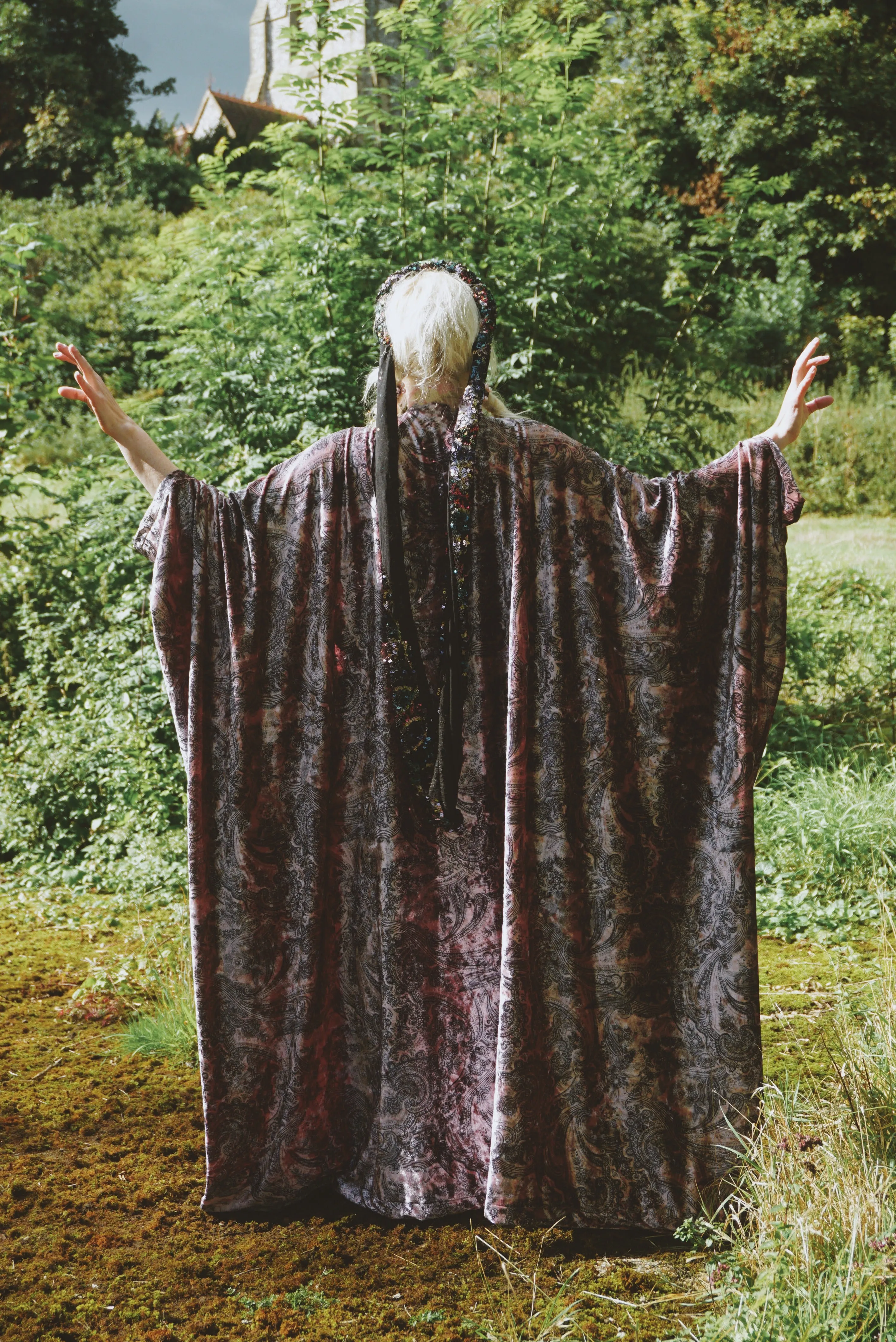 Opulent Velvet paisley Print Dusky Pink and Charcoal Grey Velvet kaftan Gown