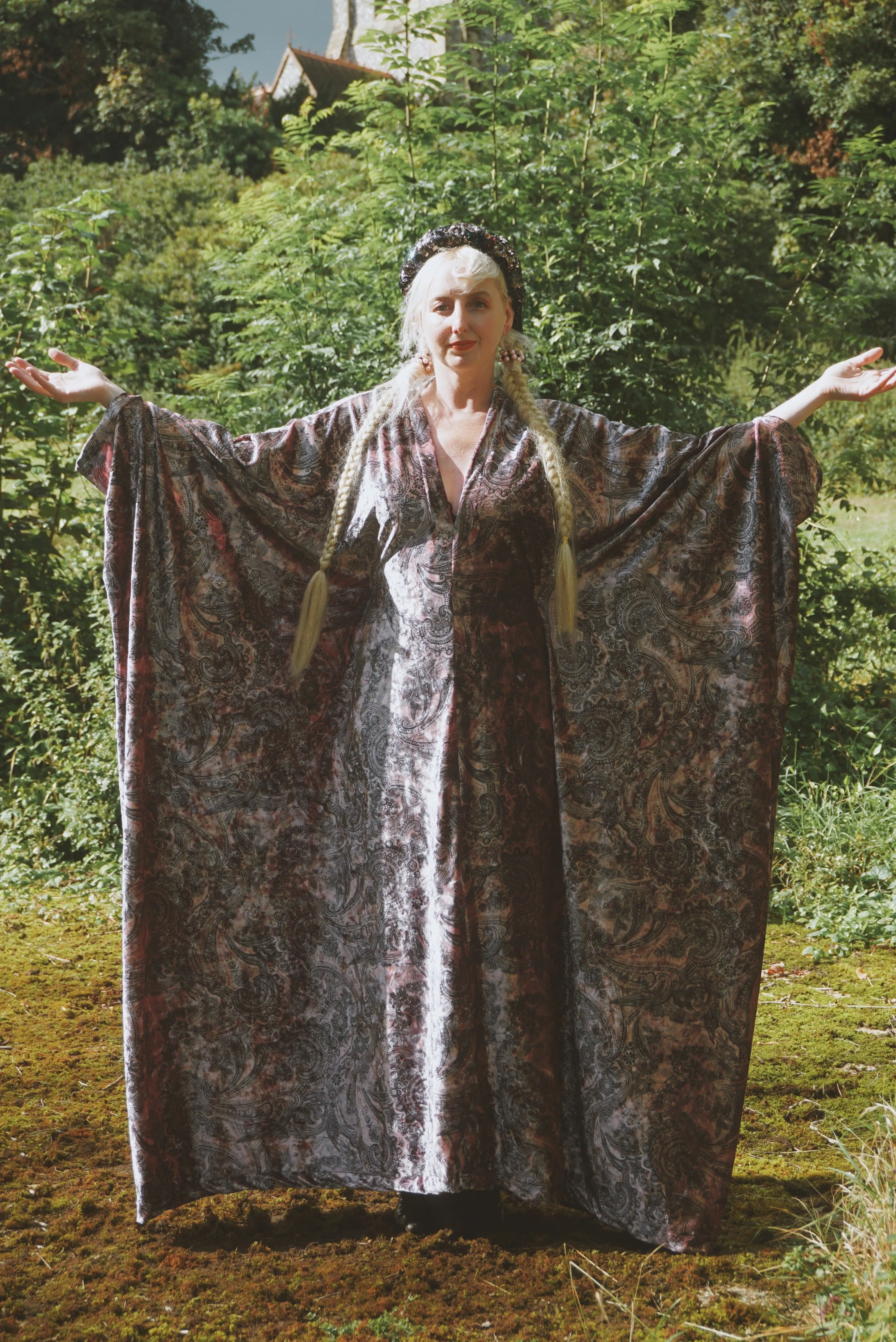 Opulent Velvet paisley Print Dusky Pink and Charcoal Grey Velvet kaftan Gown