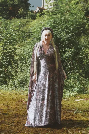 Opulent Velvet paisley Print Dusky Pink and Charcoal Grey Velvet kaftan Gown
