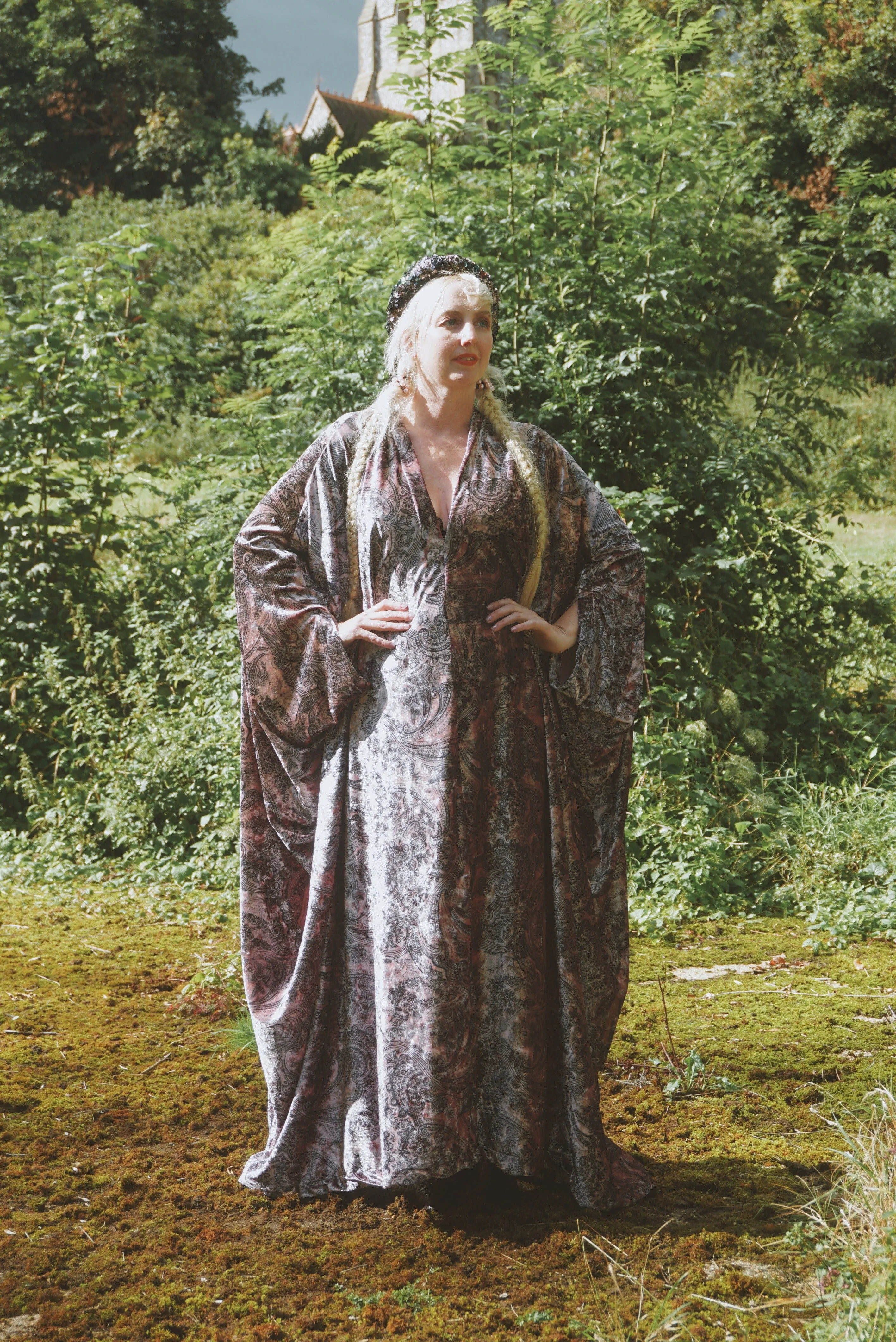 Opulent Velvet paisley Print Dusky Pink and Charcoal Grey Velvet kaftan Gown