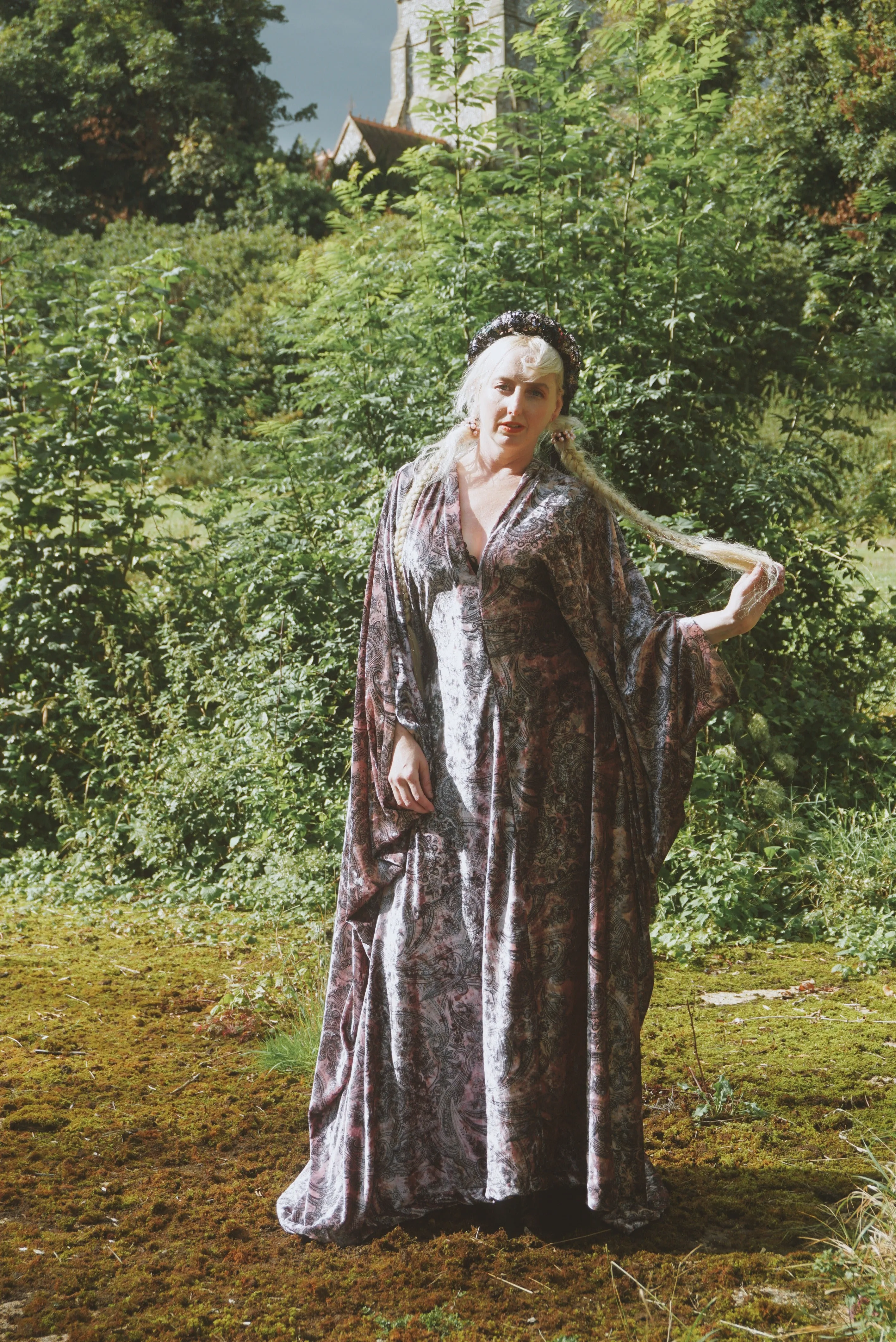 Opulent Velvet paisley Print Dusky Pink and Charcoal Grey Velvet kaftan Gown