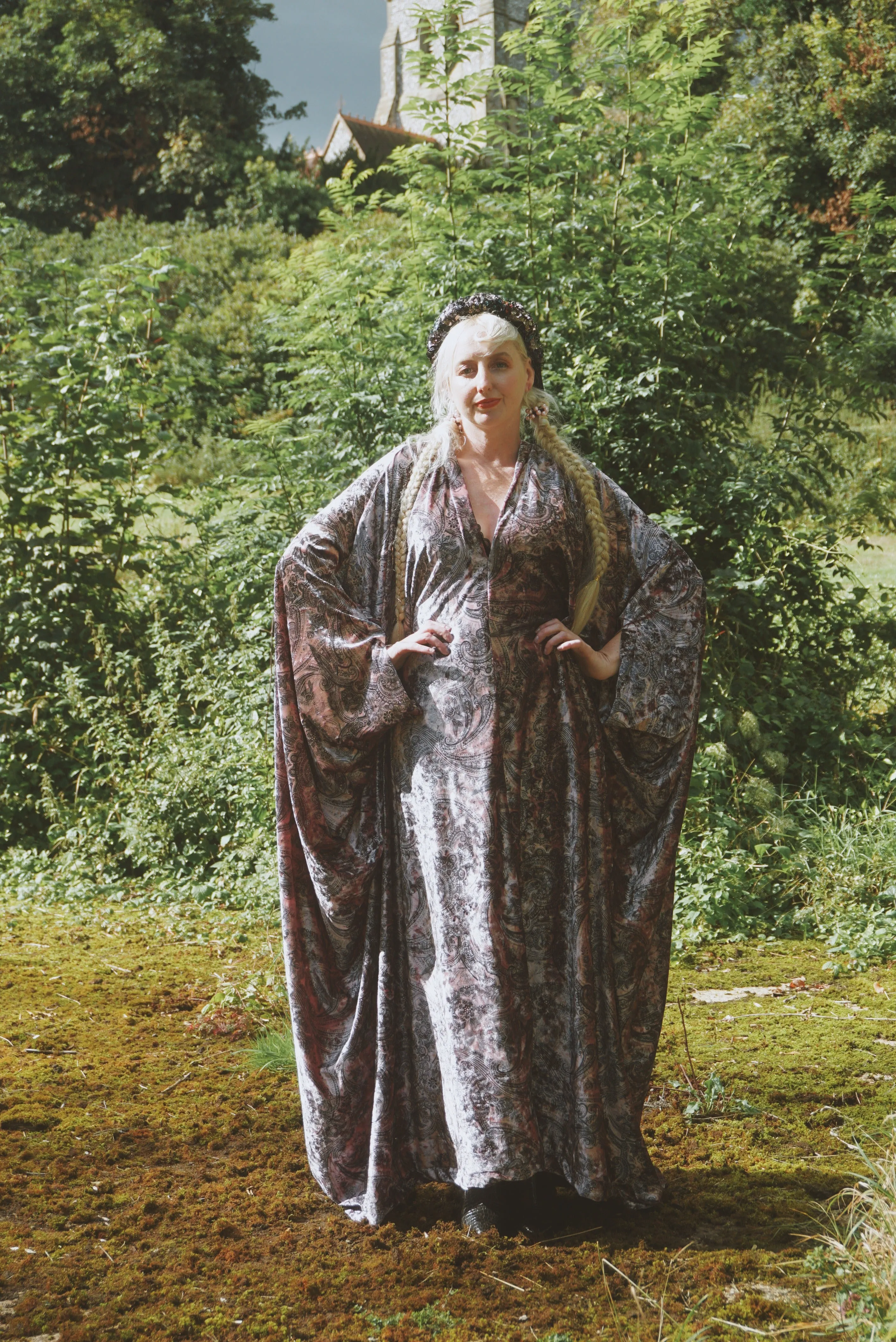 Opulent Velvet paisley Print Dusky Pink and Charcoal Grey Velvet kaftan Gown