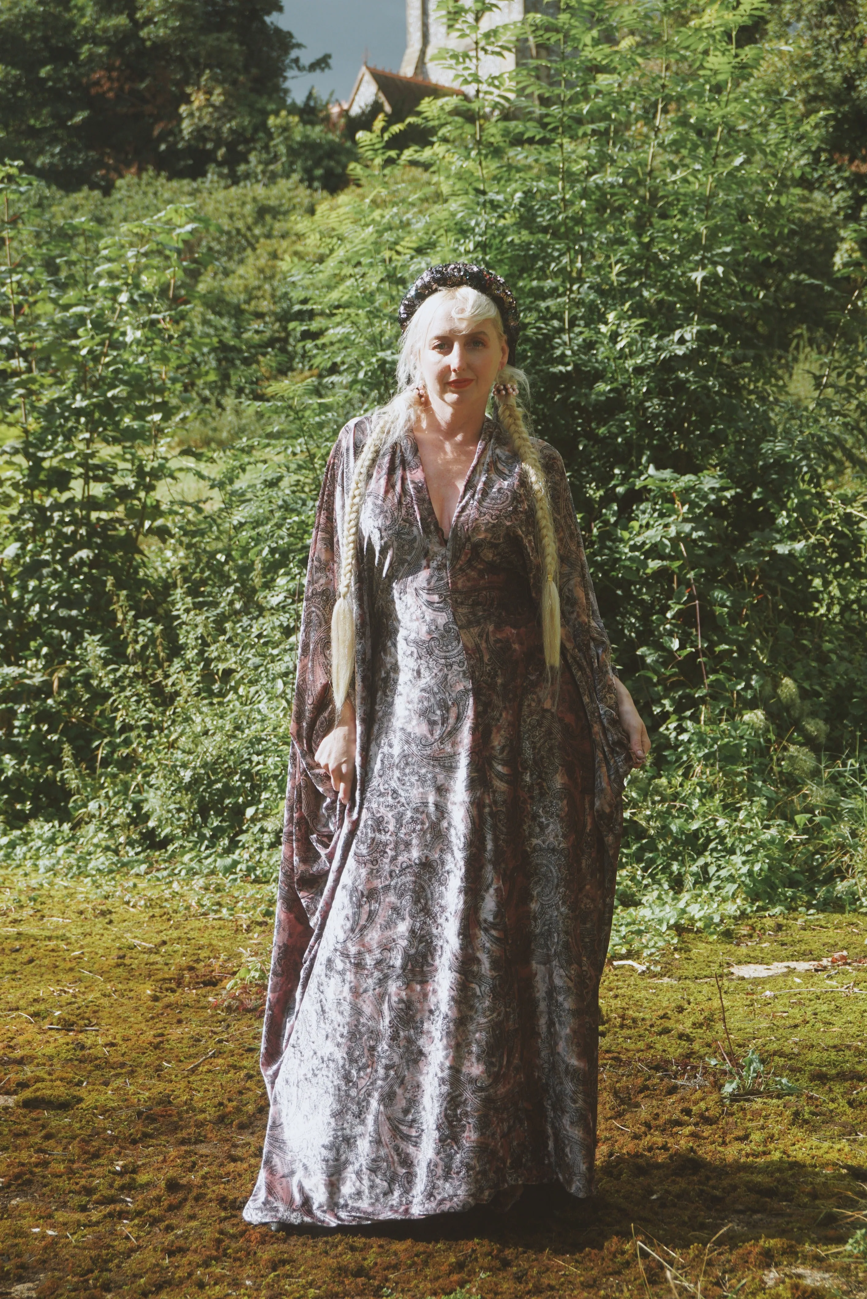 Opulent Velvet paisley Print Dusky Pink and Charcoal Grey Velvet kaftan Gown