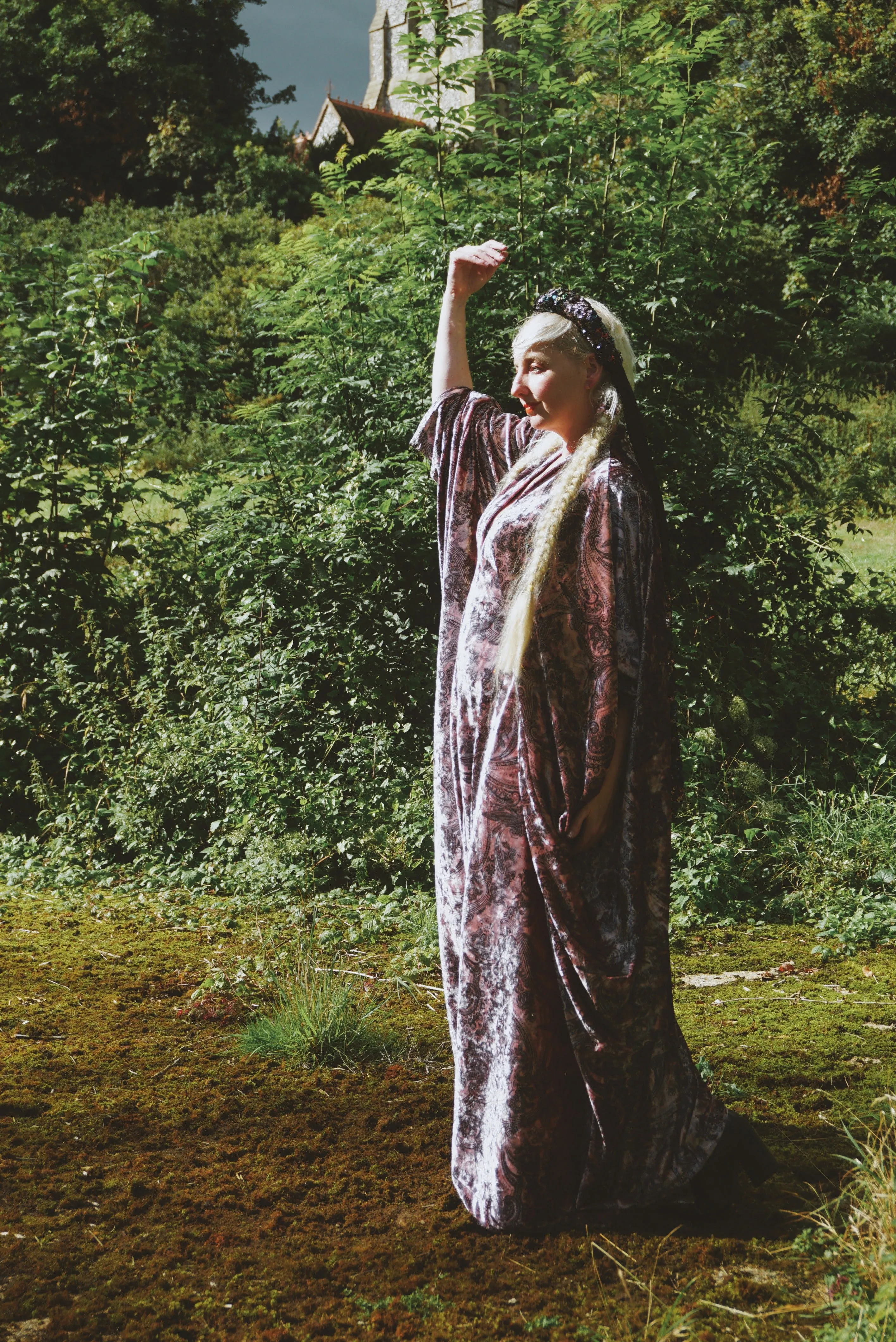 Opulent Velvet paisley Print Dusky Pink and Charcoal Grey Velvet kaftan Gown