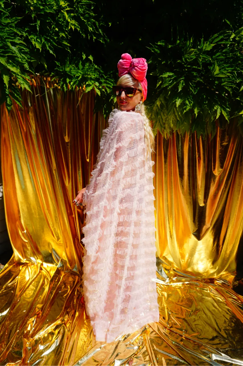 Pale pink Sequin Ruffle Tulle Kimono Robe