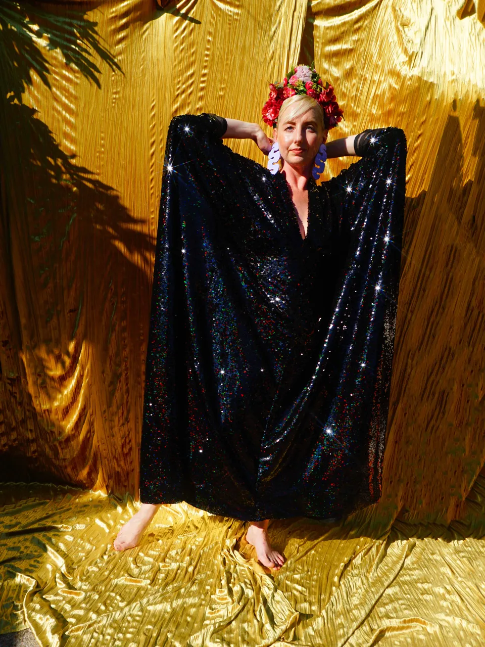 Petrol Black Holographic Sequin Maxi Kaftan Gown / Kimono Robe