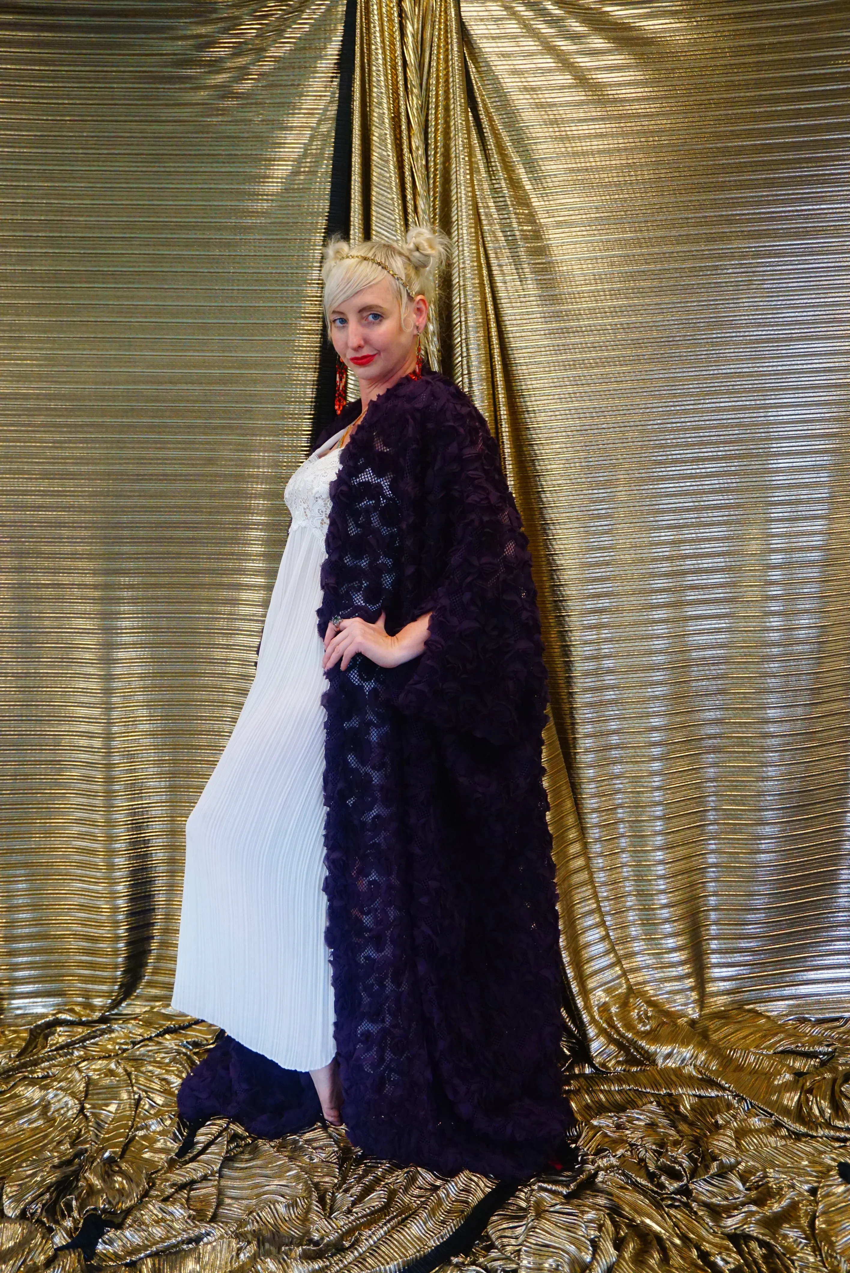 Purple textured Floral Kimono Robe