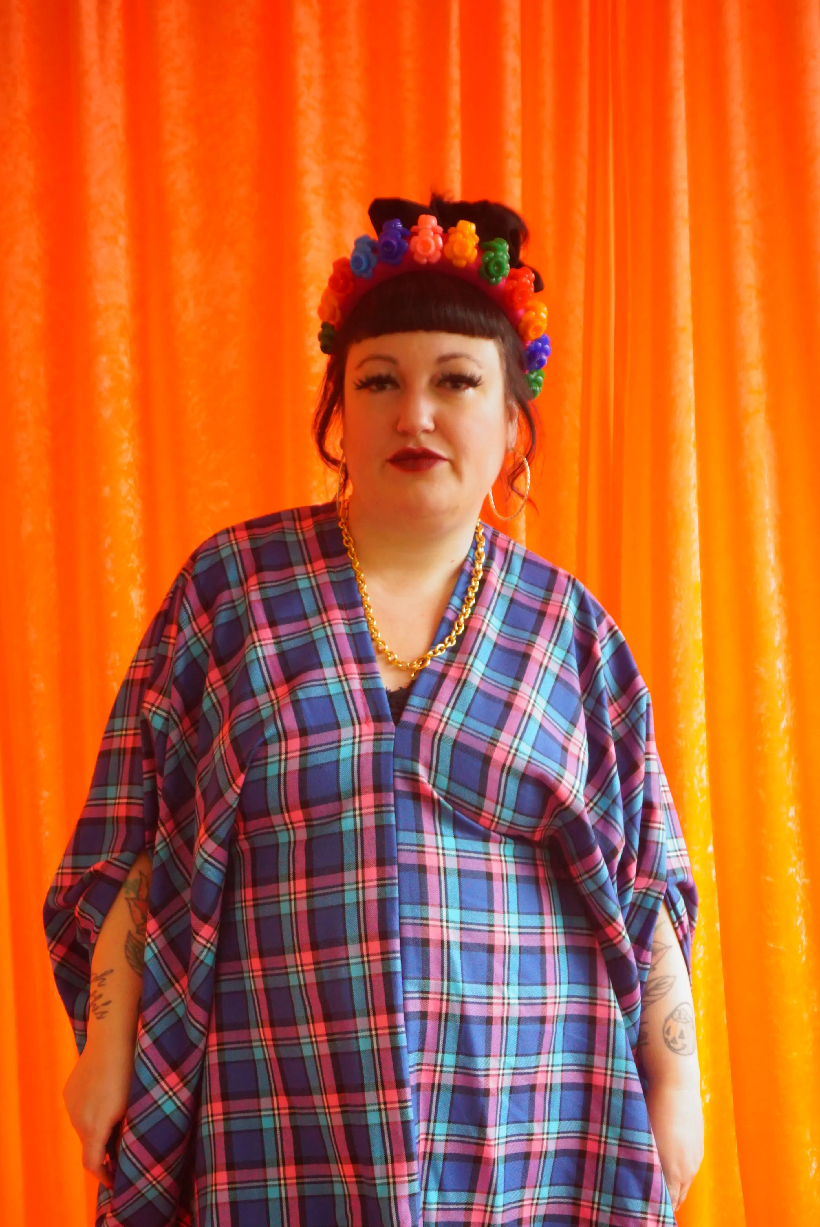 "Nancy" pink and Blue Tartan cotton Mini Kaftan Dress