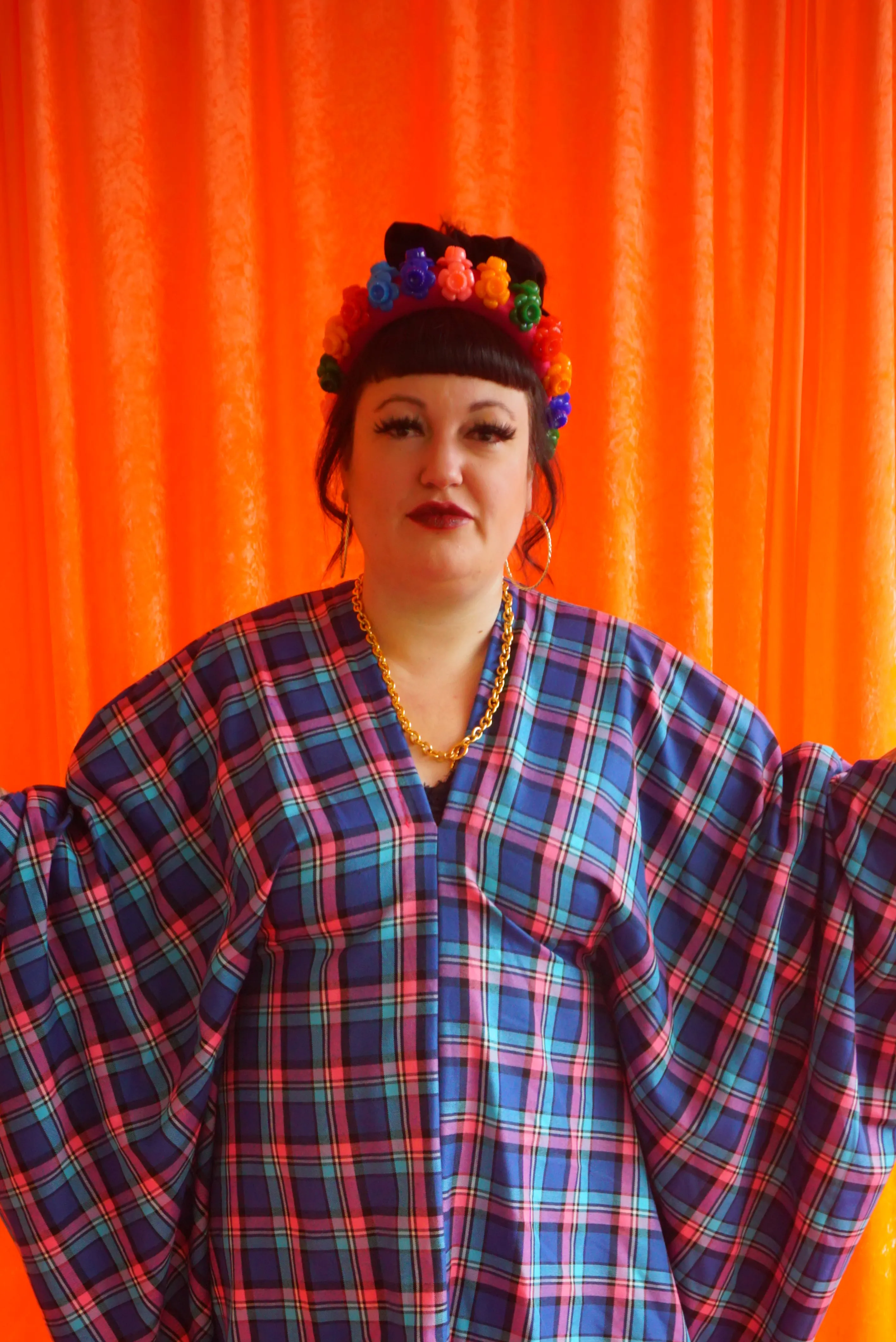 "Nancy" pink and Blue Tartan cotton Mini Kaftan Dress