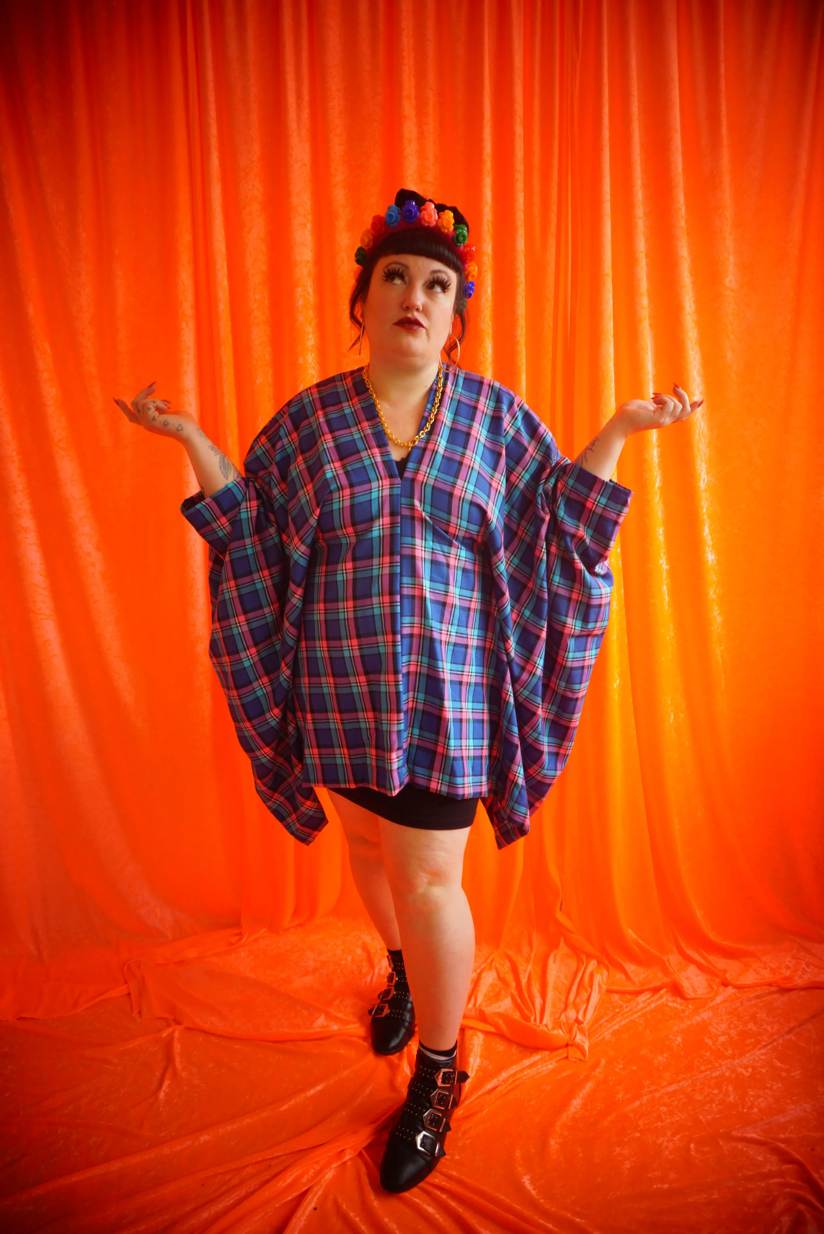 "Nancy" pink and Blue Tartan cotton Mini Kaftan Dress