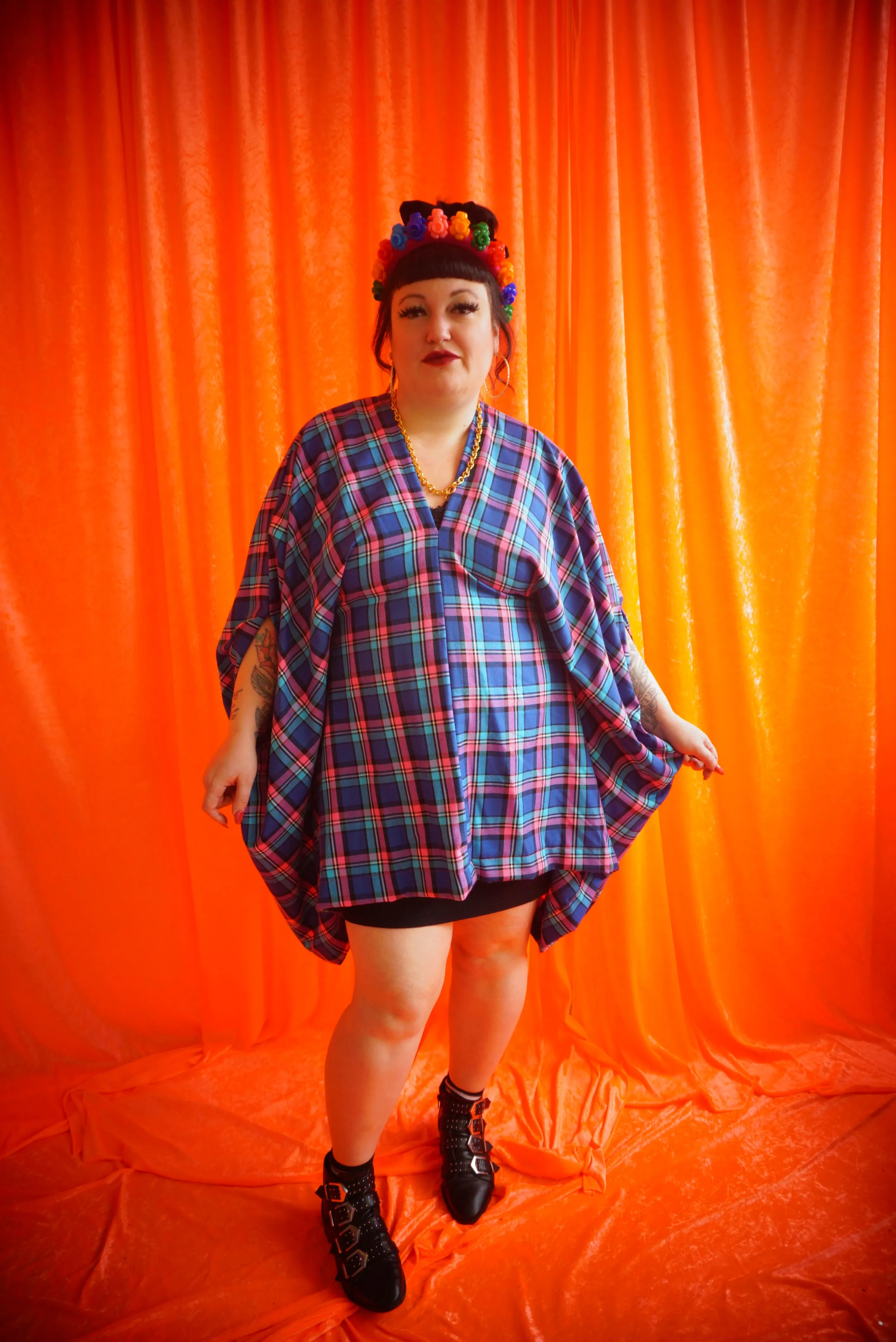 "Nancy" pink and Blue Tartan cotton Mini Kaftan Dress