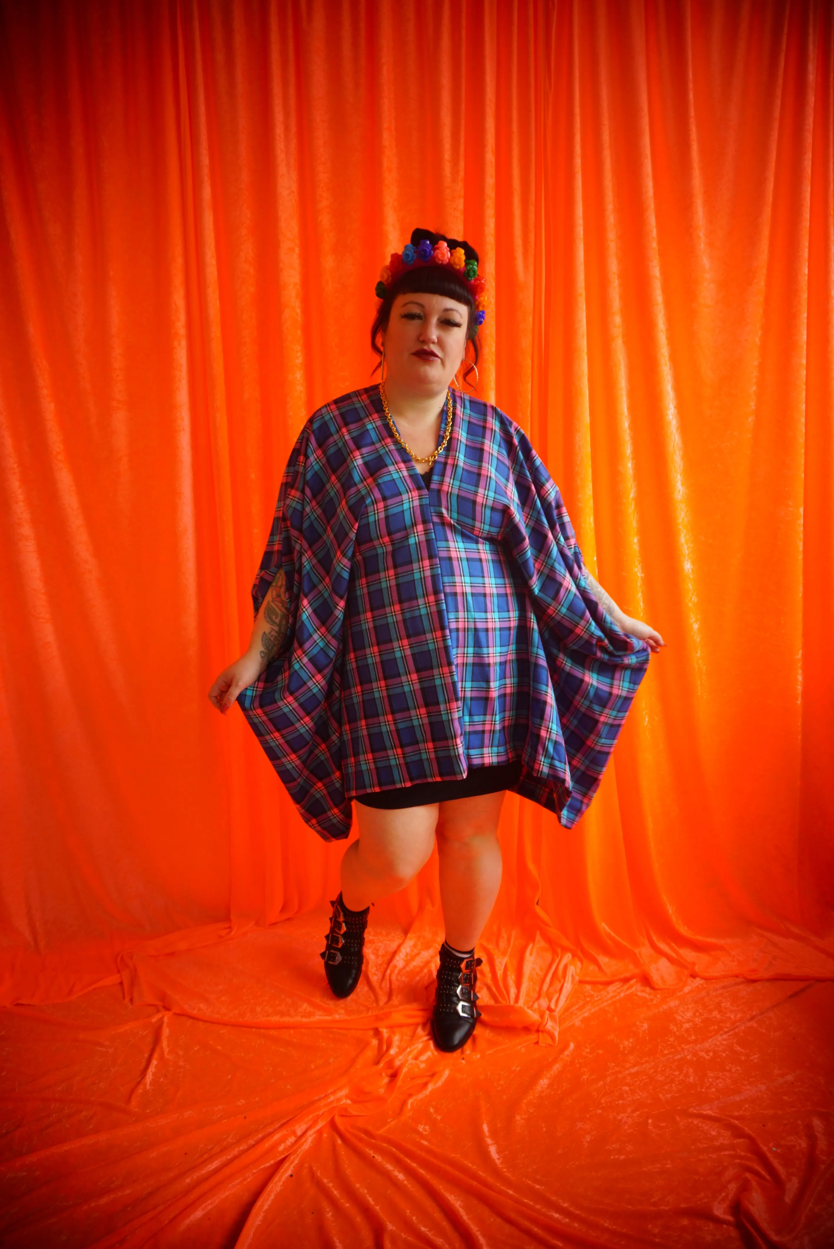 "Nancy" pink and Blue Tartan cotton Mini Kaftan Dress