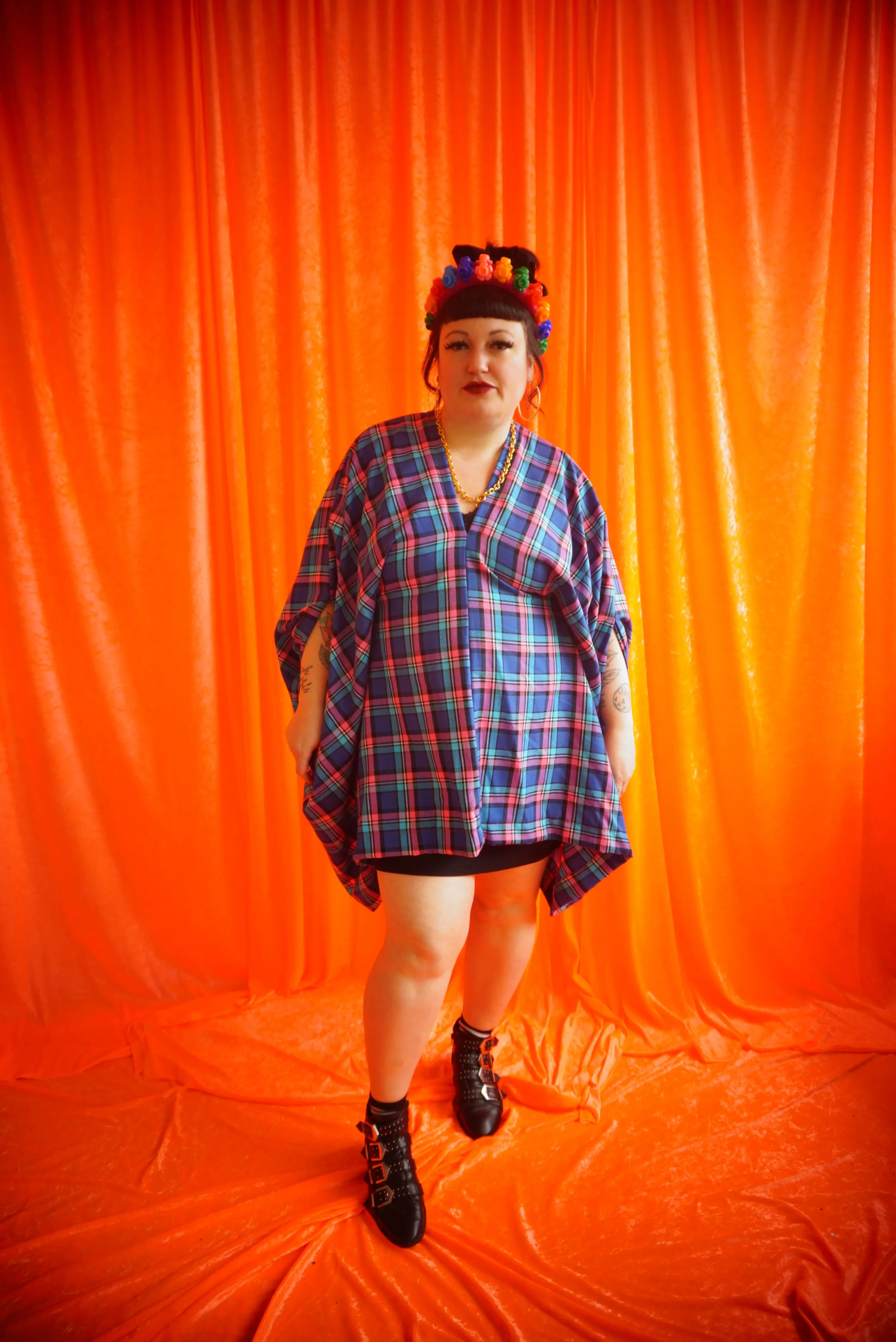 "Nancy" pink and Blue Tartan cotton Mini Kaftan Dress