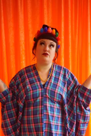 "Nancy" pink and Blue Tartan cotton Mini Kaftan Dress