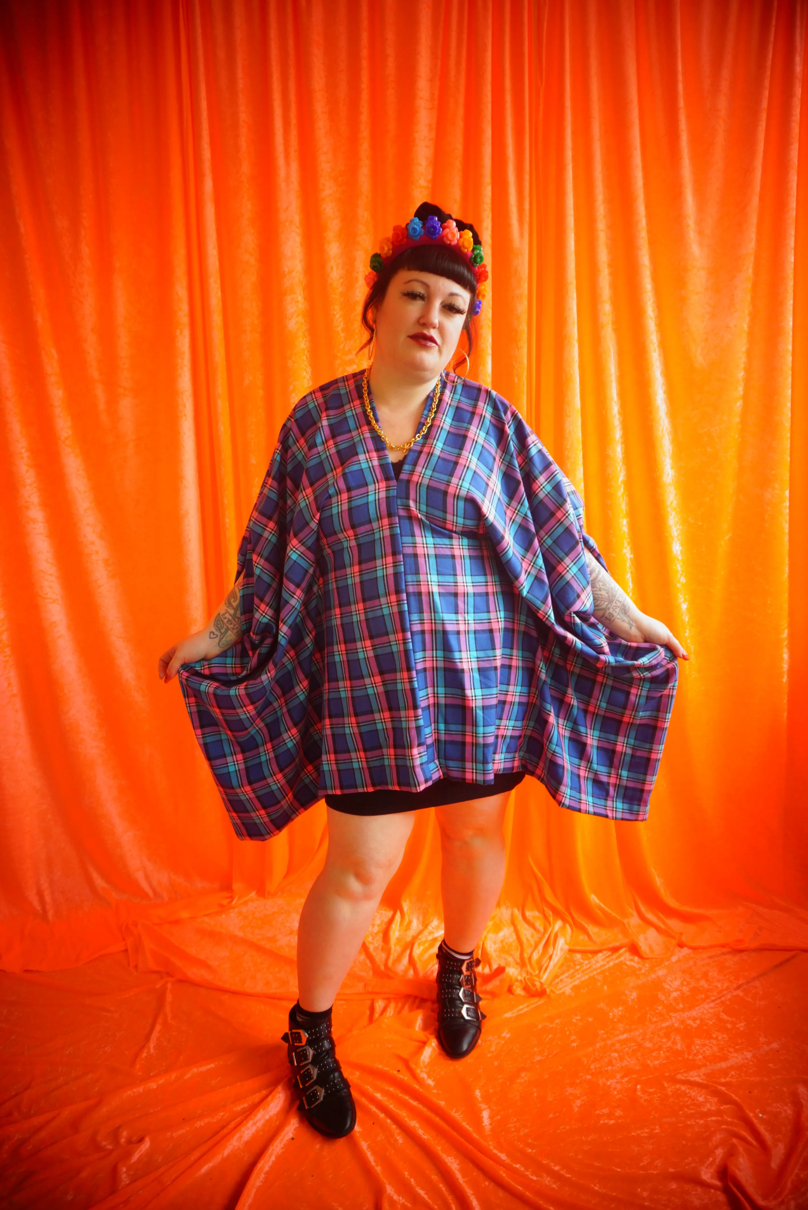 "Nancy" pink and Blue Tartan cotton Mini Kaftan Dress