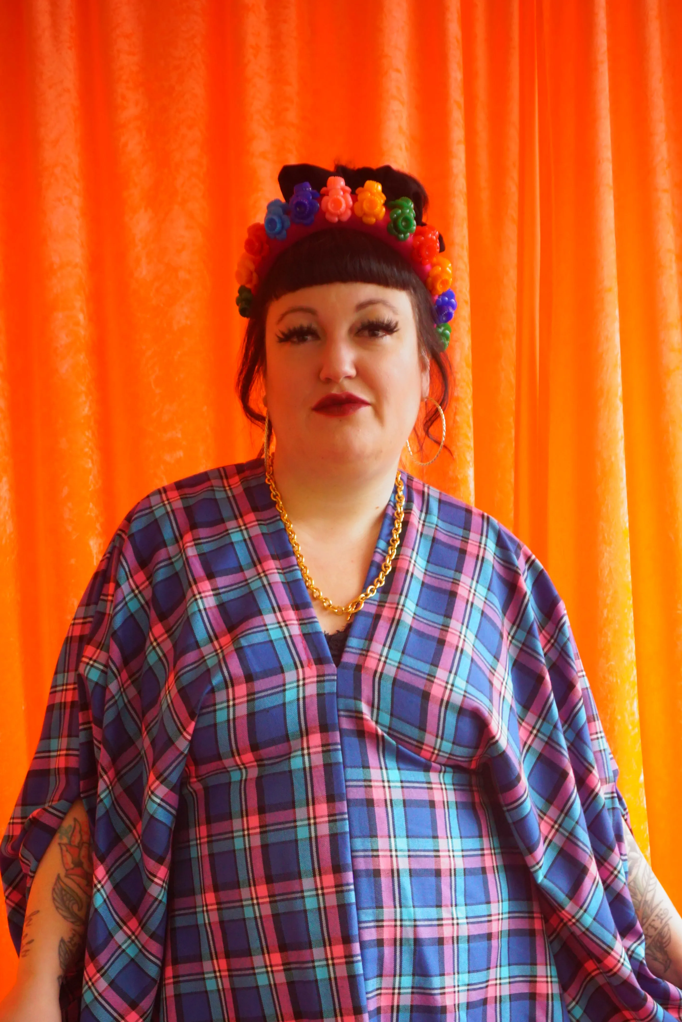 "Nancy" pink and Blue Tartan cotton Mini Kaftan Dress