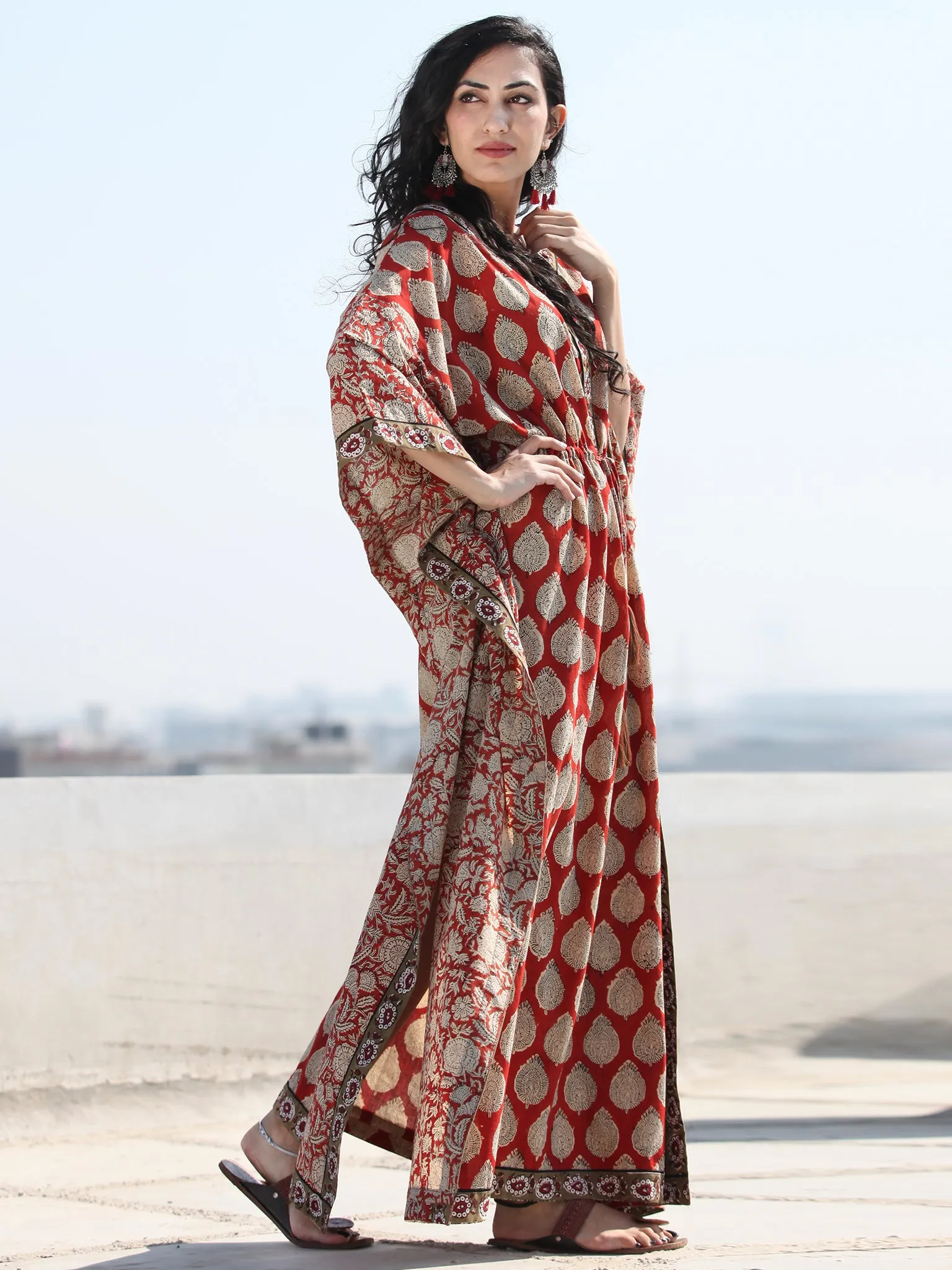 Red Beige Hand Block Printed Kaftan - K118F1368