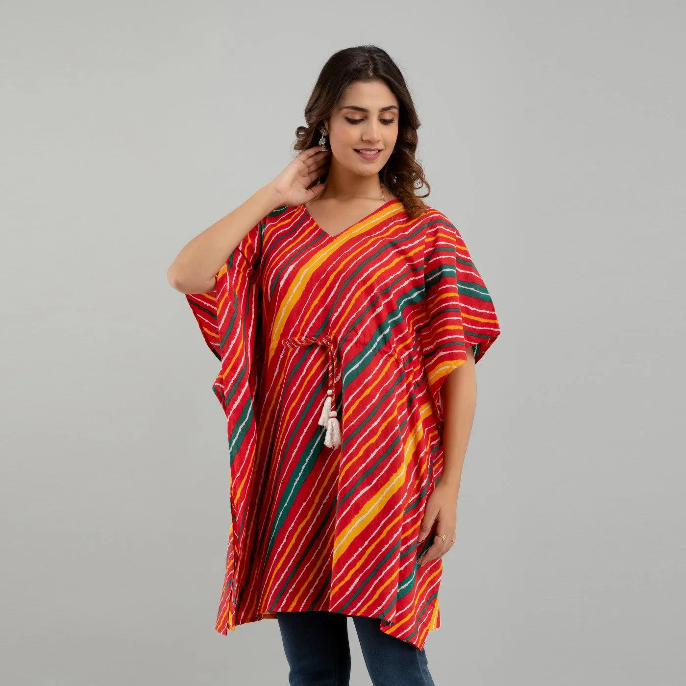 Red Leheriya Print Cotton Kaftan Dress (SHKUP1230)